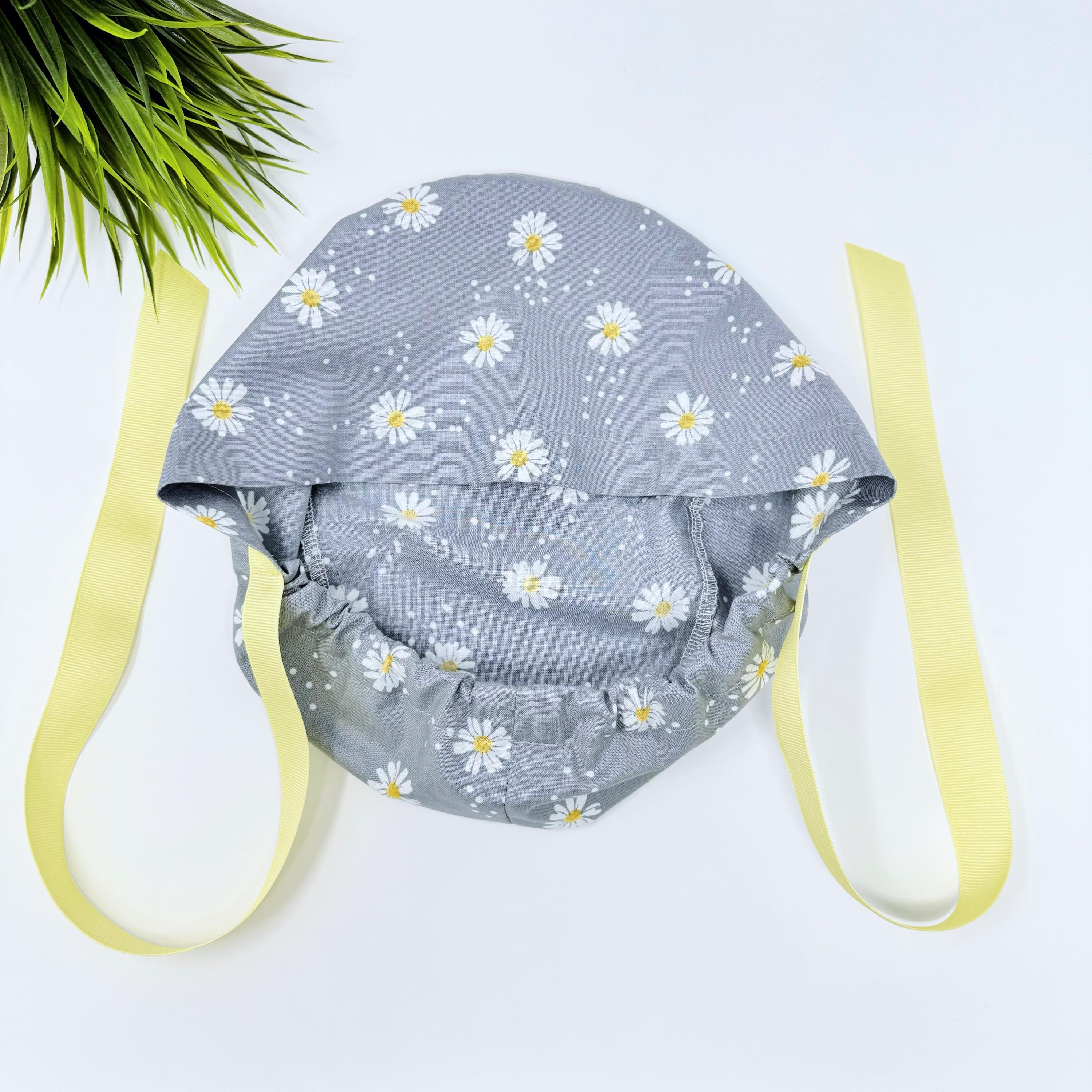 Gray Daisy Dots Euro PLUS style with ties by ParadiseCaps. Scrub Cap for Women, European Surgical cap with Satin Lined Option.