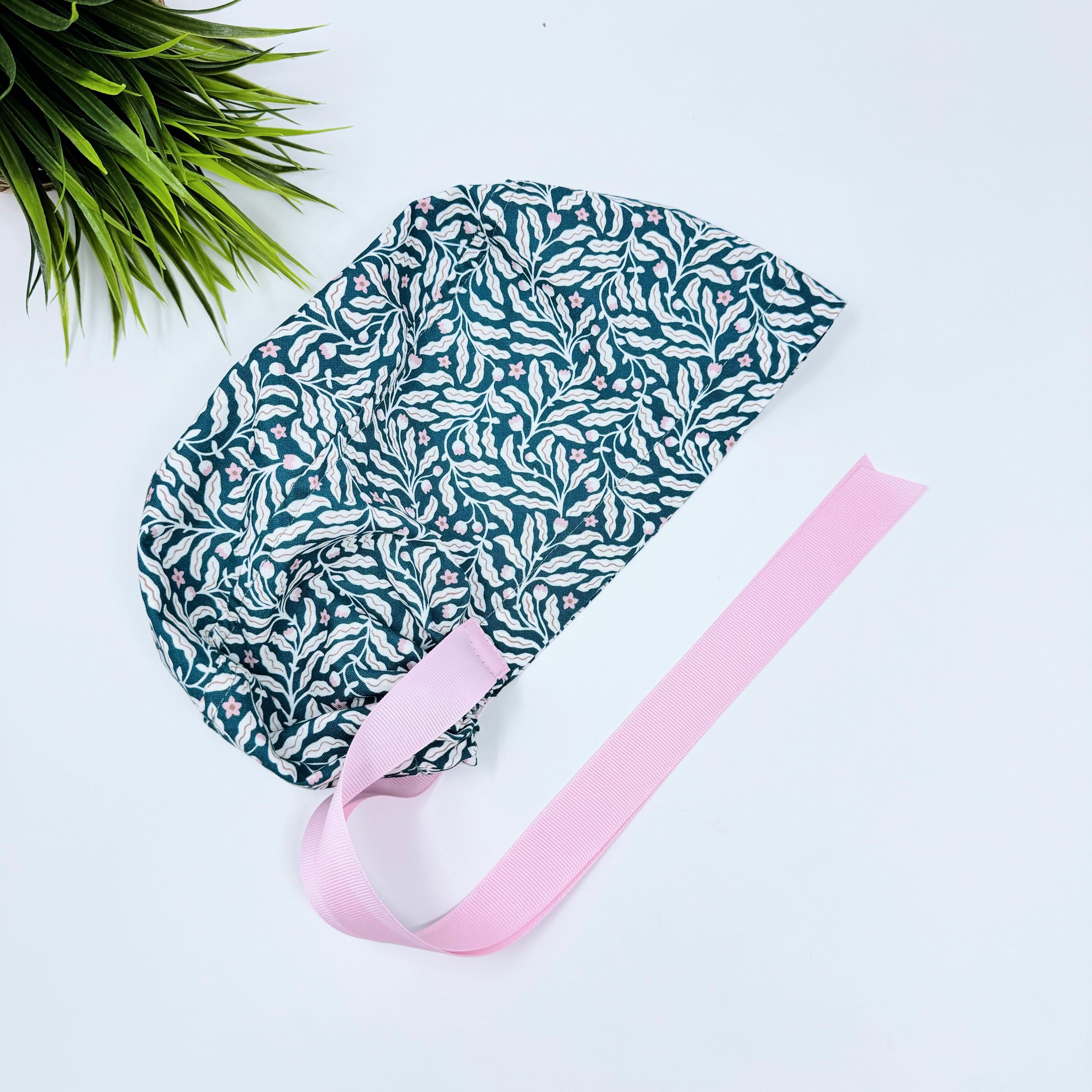 Branches Euro PLUS style with ties Scrub Cap for Women, European Surgical cap with Satin Lined Option.