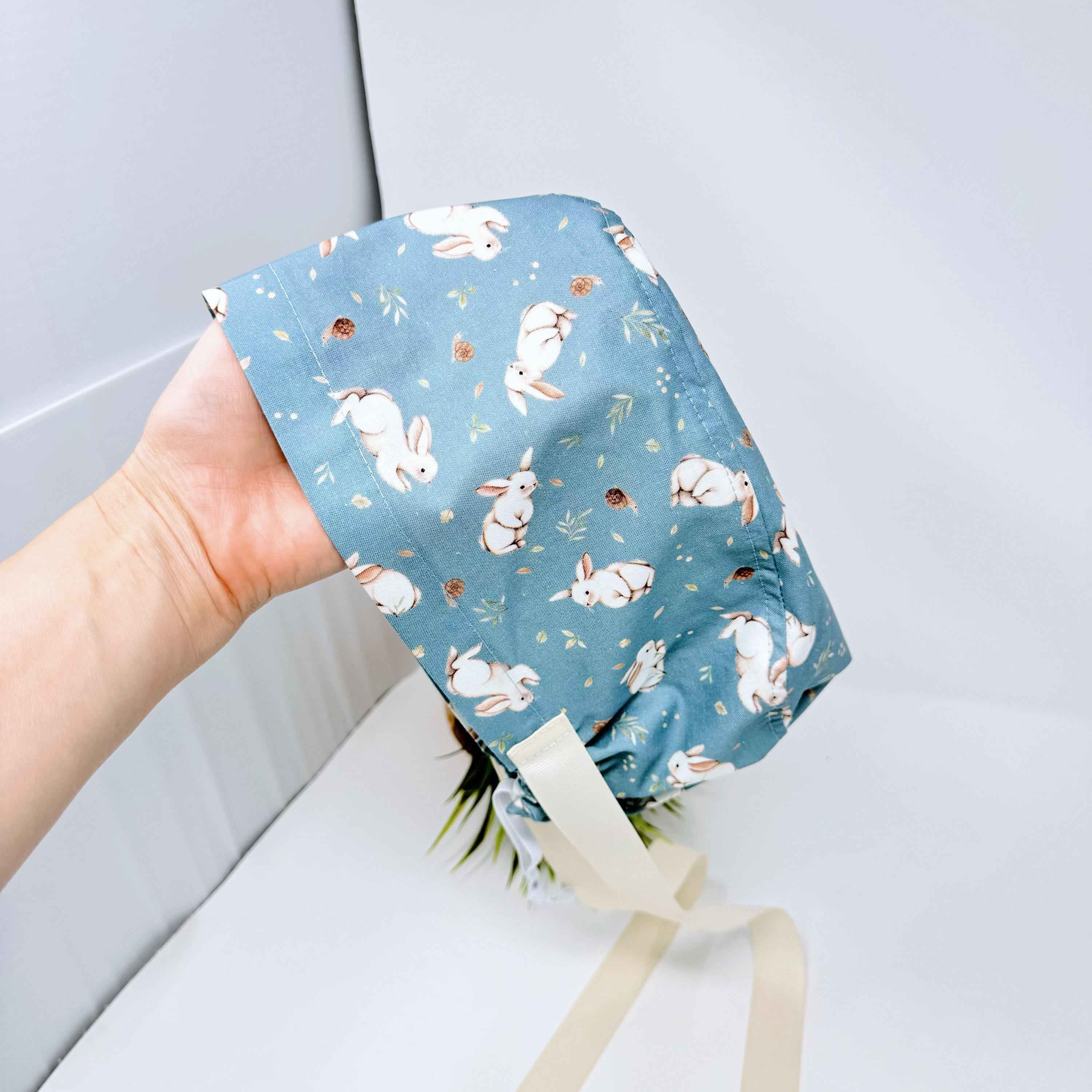 Bunny Euro scrub cap with ties for Women, Easter European Surgical cap with Satin Lined Option by Paradise Caps. Euro PLUS style.