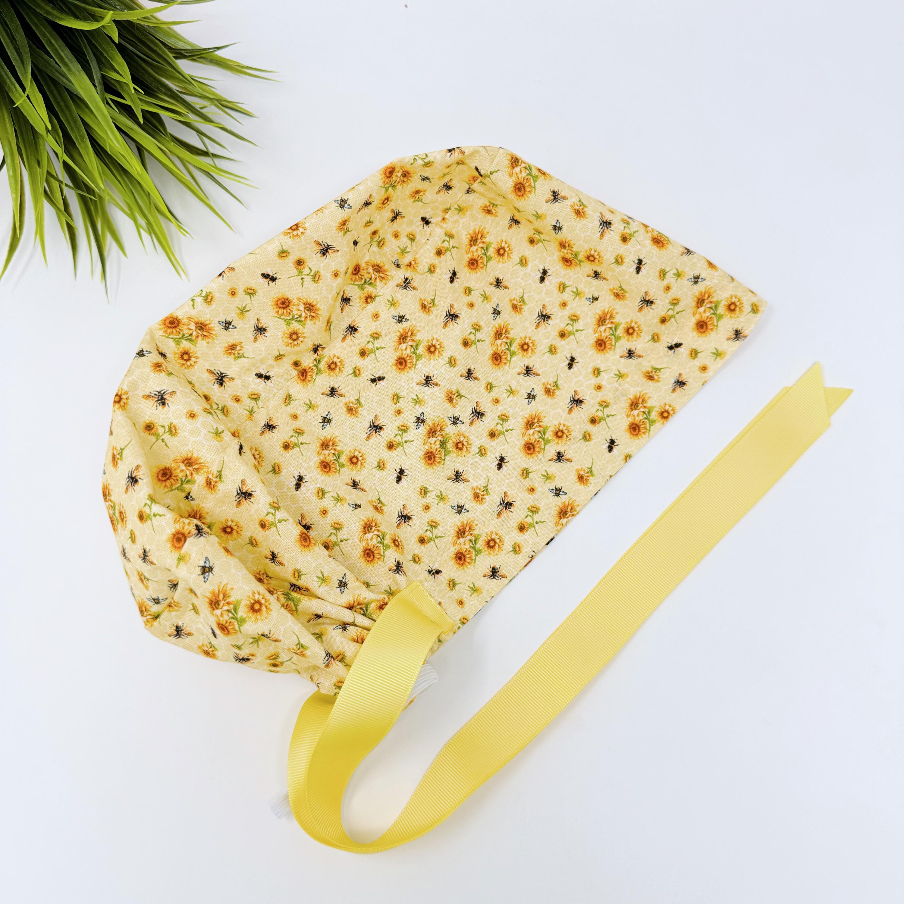 Bee And Sunflower Euro scrub cap with ties for Women, European Surgical cap with Satin Lined Option by Paradise Caps. Euro PLUS style.