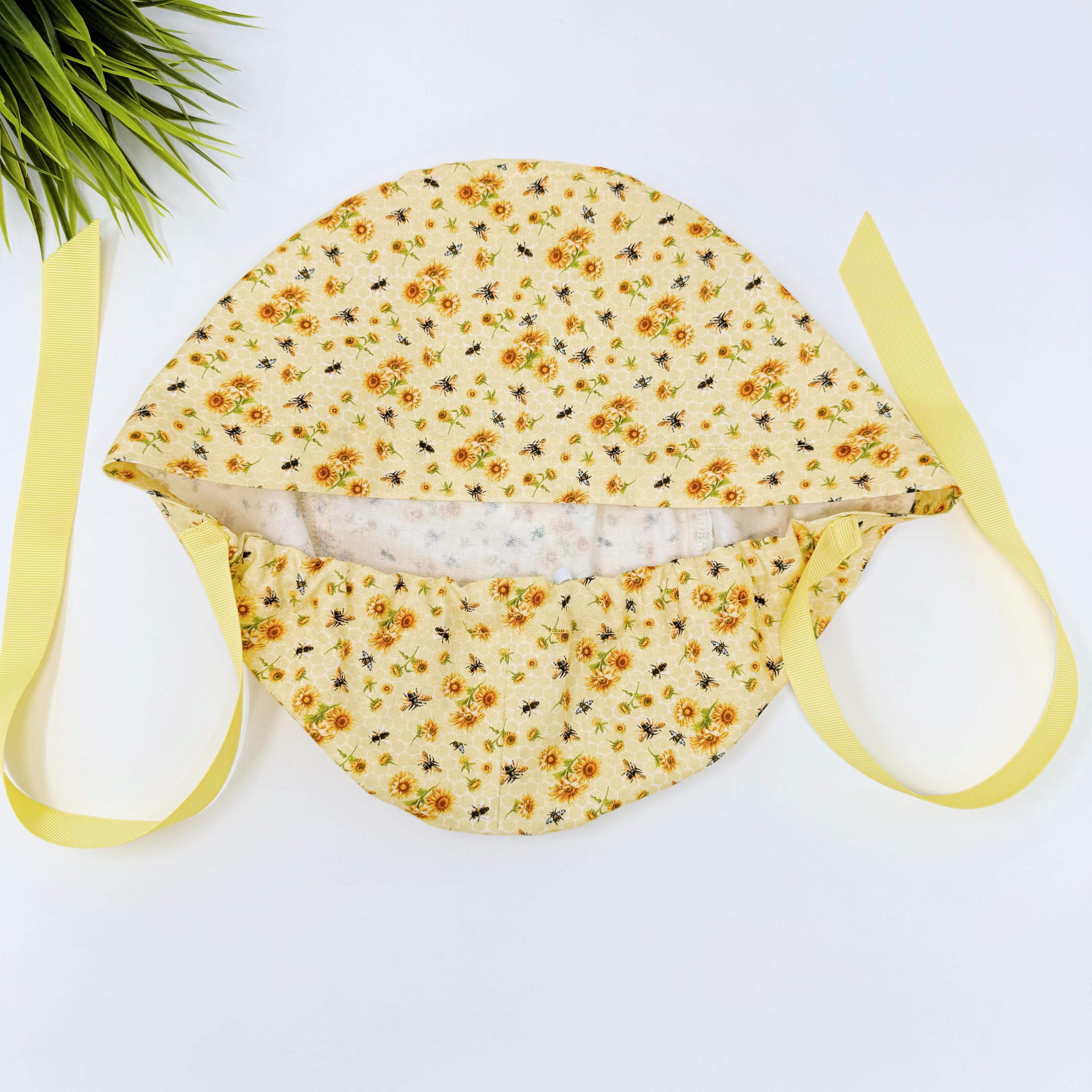 Bee And Sunflower Euro scrub cap with ties for Women, European Surgical cap with Satin Lined Option by Paradise Caps. Euro PLUS style.