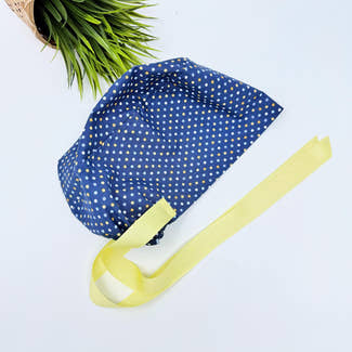 Navy Polka Dot Euro scrub cap with ties for Women by Paradise Caps. Euro PLUS style.