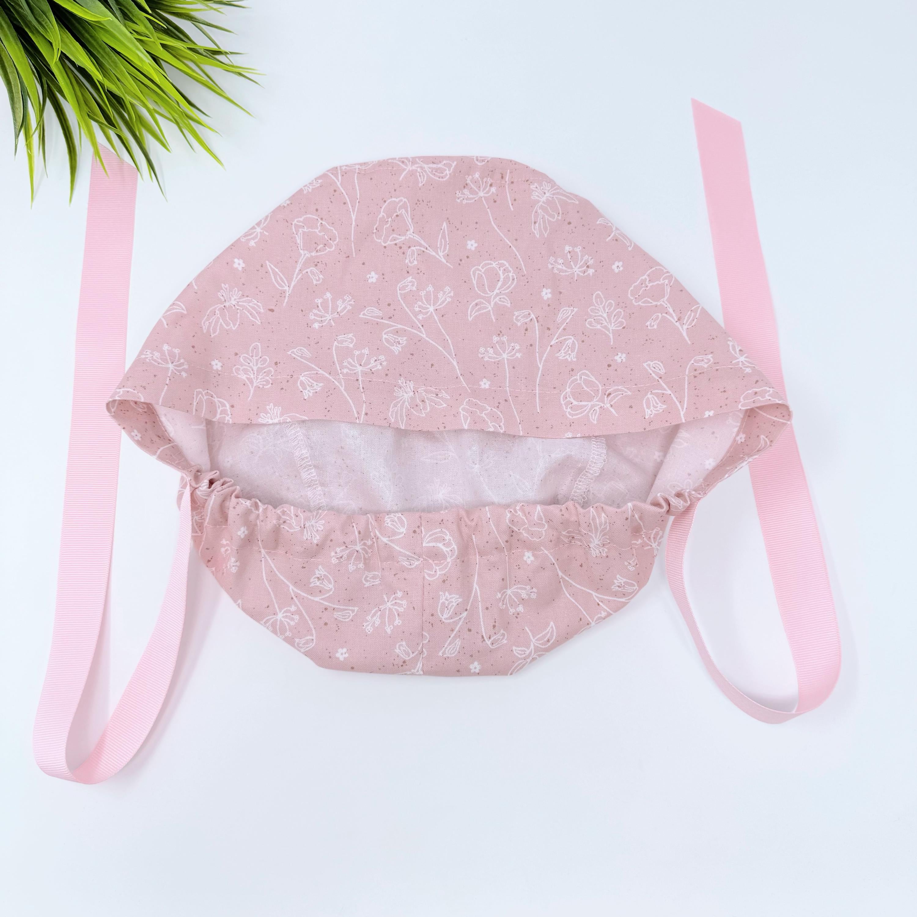 Pink & White Euro scrub cap with ties for Women by Paradise Caps. Euro PLUS style.
