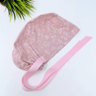 Pink & White Euro scrub cap with ties for Women by Paradise Caps. Euro PLUS style.
