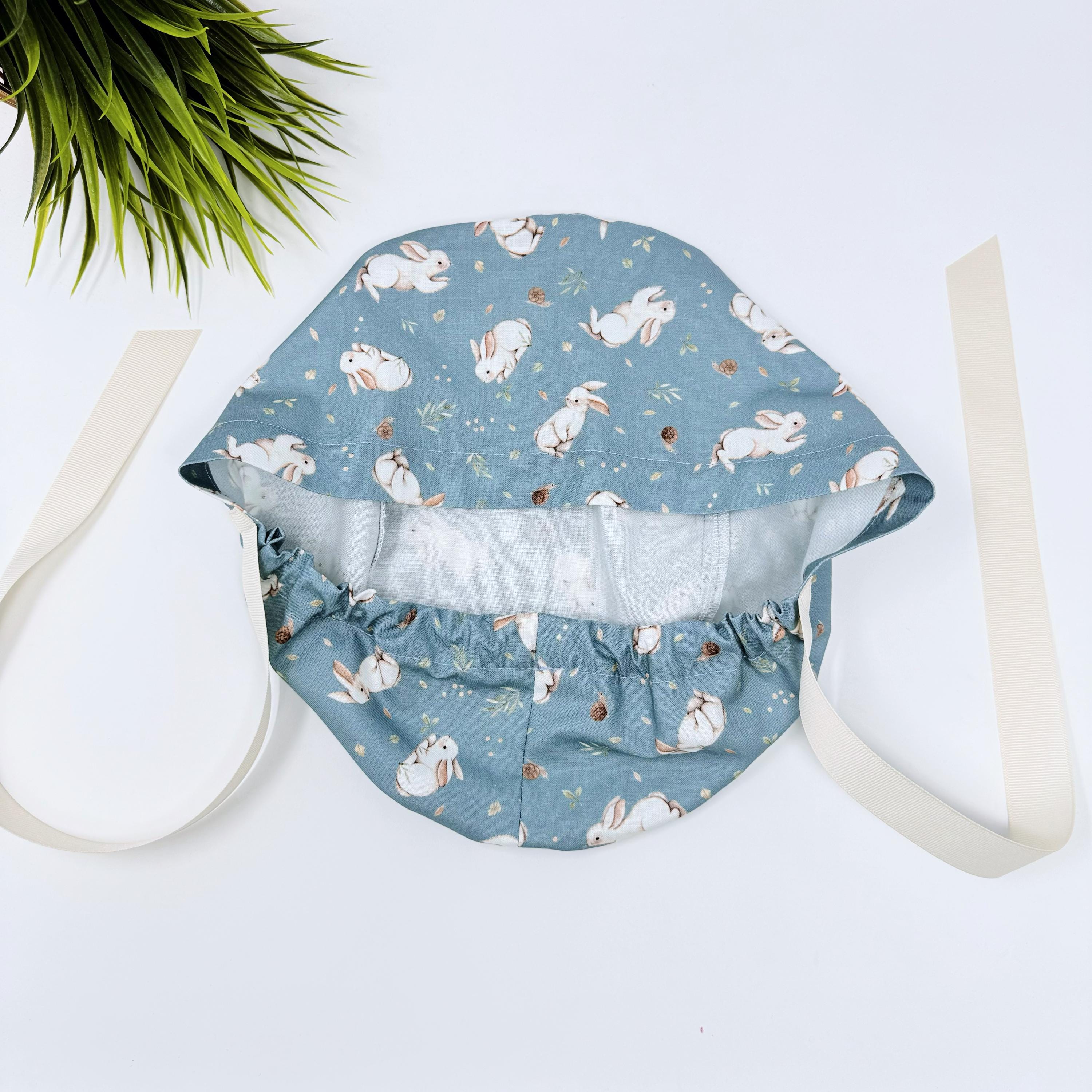 Bunny Euro scrub cap with ties for Women, Easter European Surgical cap with Satin Lined Option by Paradise Caps. Euro PLUS style.
