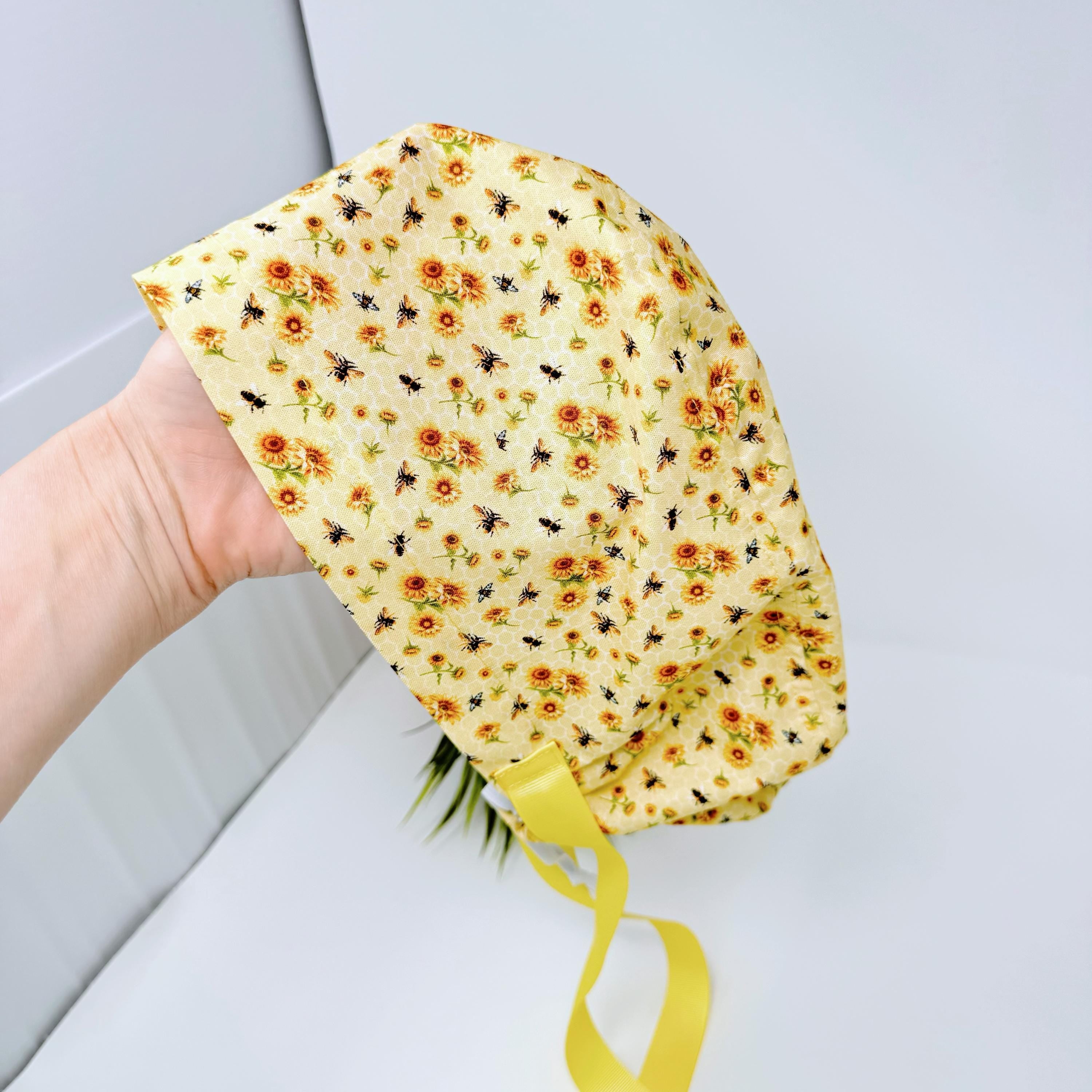 Bee And Sunflower Euro scrub cap with ties for Women, European Surgical cap with Satin Lined Option by Paradise Caps. Euro PLUS style.