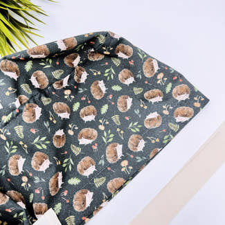 Hedgehog and Mushrooms Euro PLUS style with ties Scrub Cap for Women, European Surgical cap with Satin Lined Option.