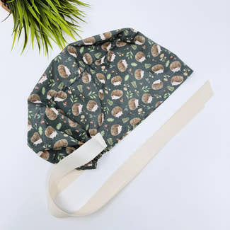 Hedgehog and Mushrooms Euro PLUS style with ties Scrub Cap for Women, European Surgical cap with Satin Lined Option.