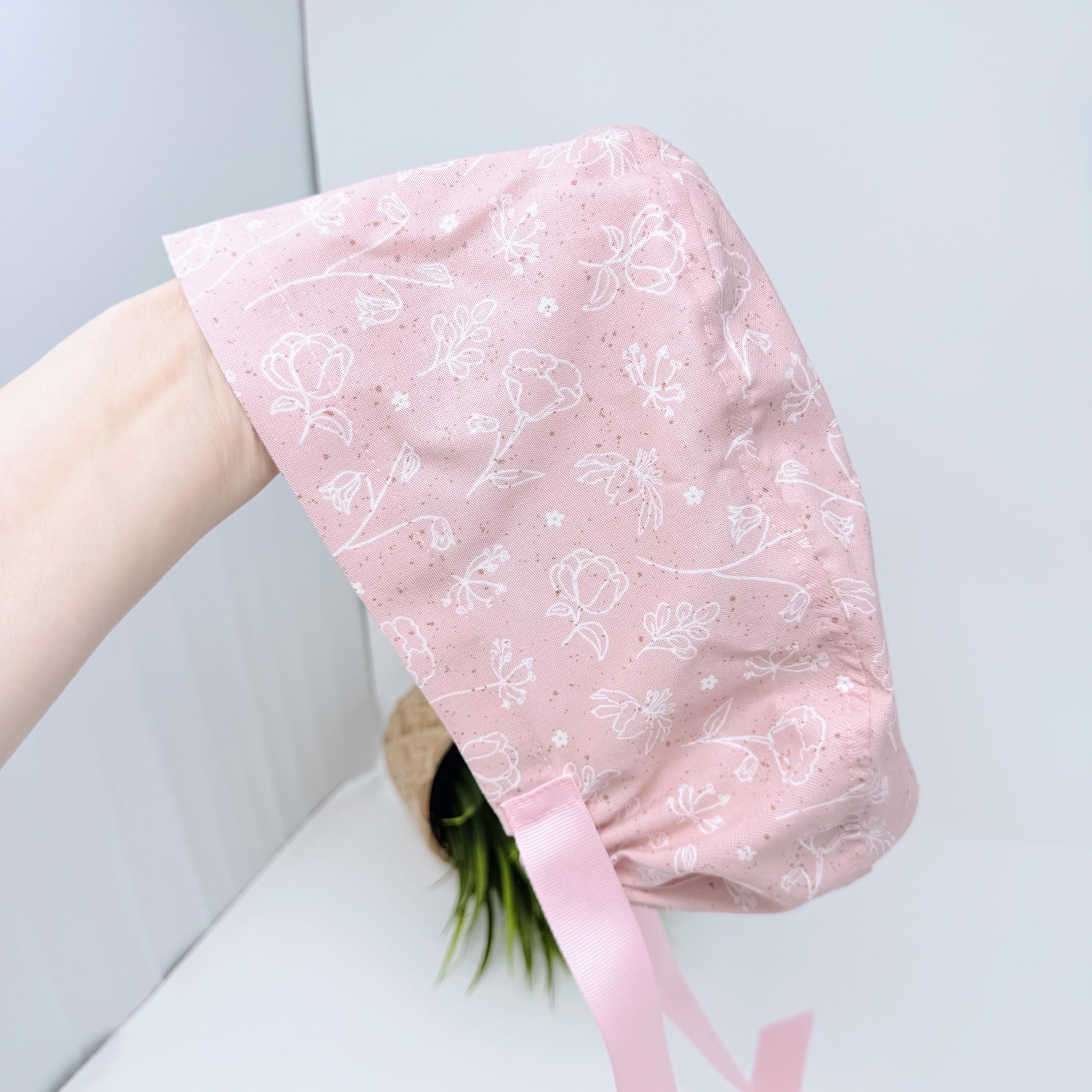 Pink & White Euro scrub cap with ties for Women by Paradise Caps. Euro PLUS style.