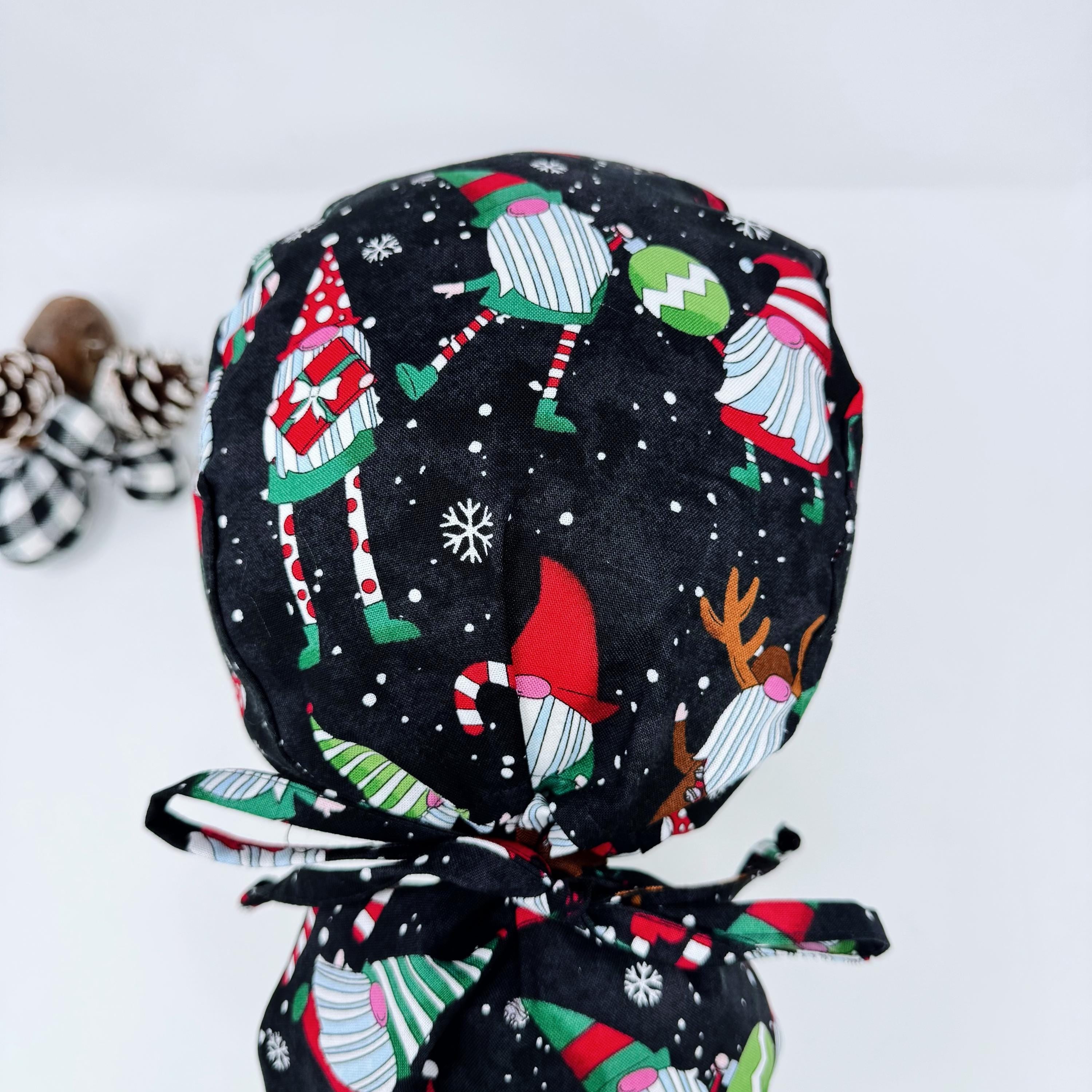 Christmas Ponytail scrub cap. Gnomes Surgical cap for women, Satin Lined ponytail hat by Paradise Caps. Black
