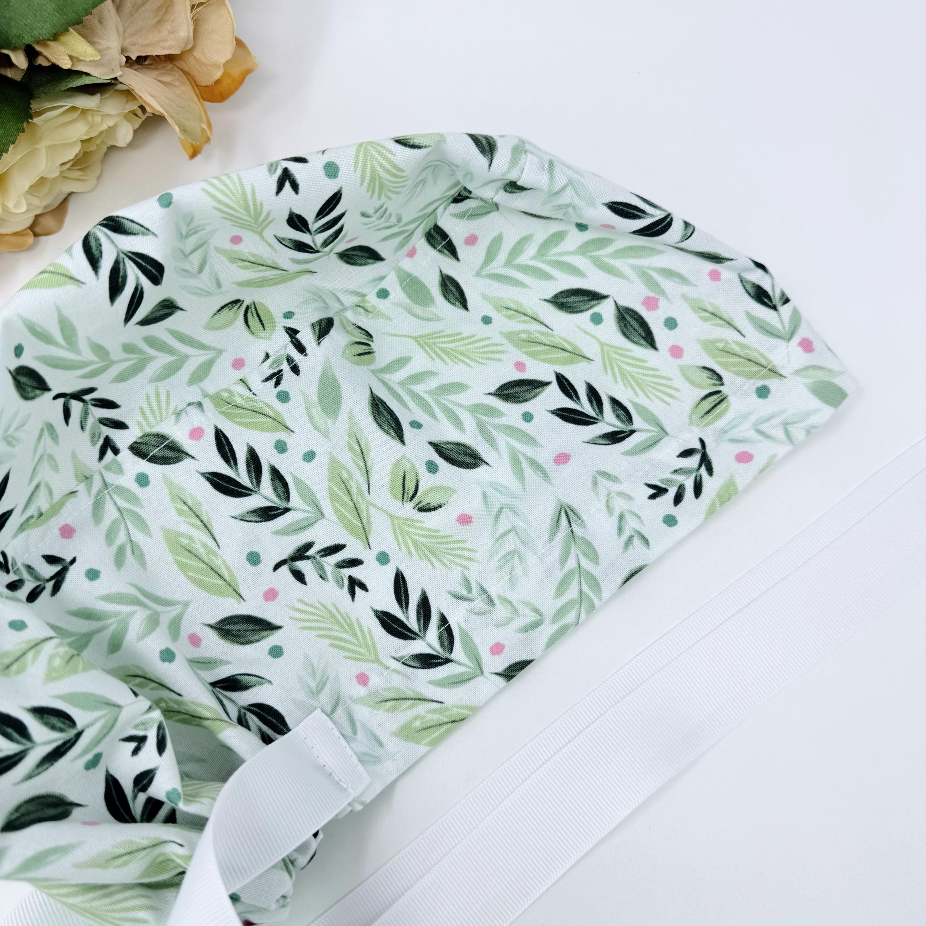 Flower Euro scrub cap with ties for women, European surgical hat with satin lined by Paradise Caps.