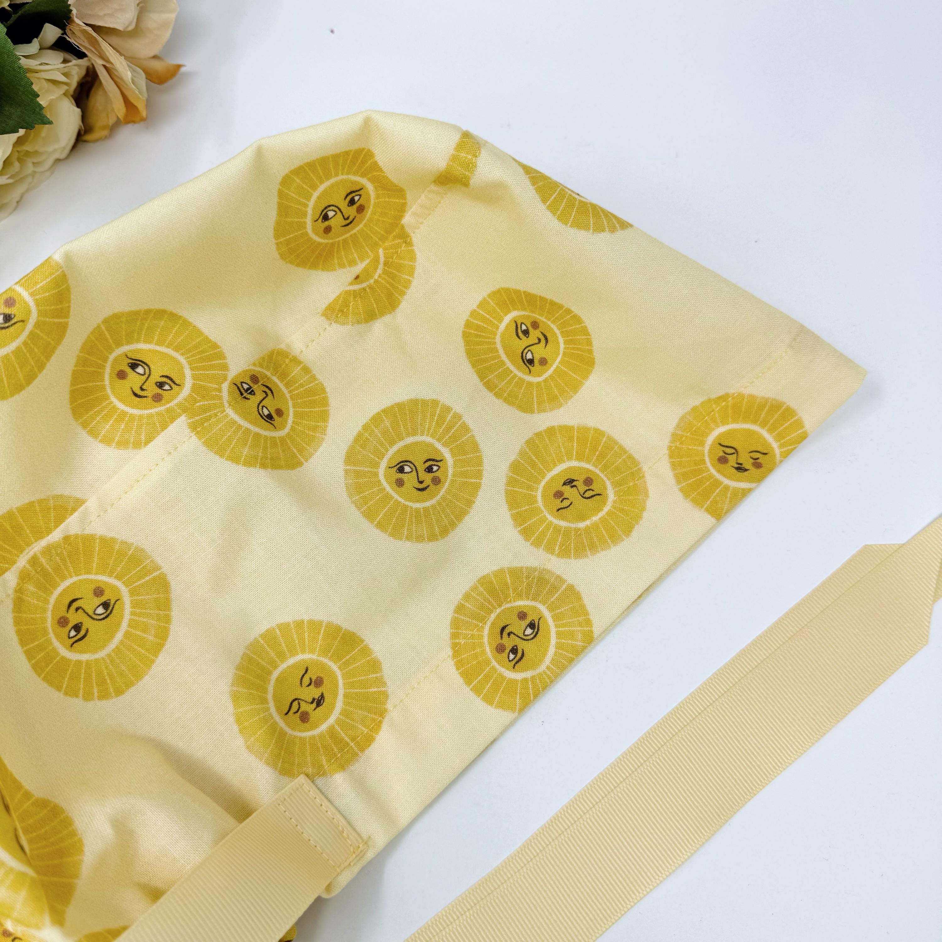 Lemon sunshine Euro scrub cap with ties for Women by Paradise Caps. Euro PLUS style.