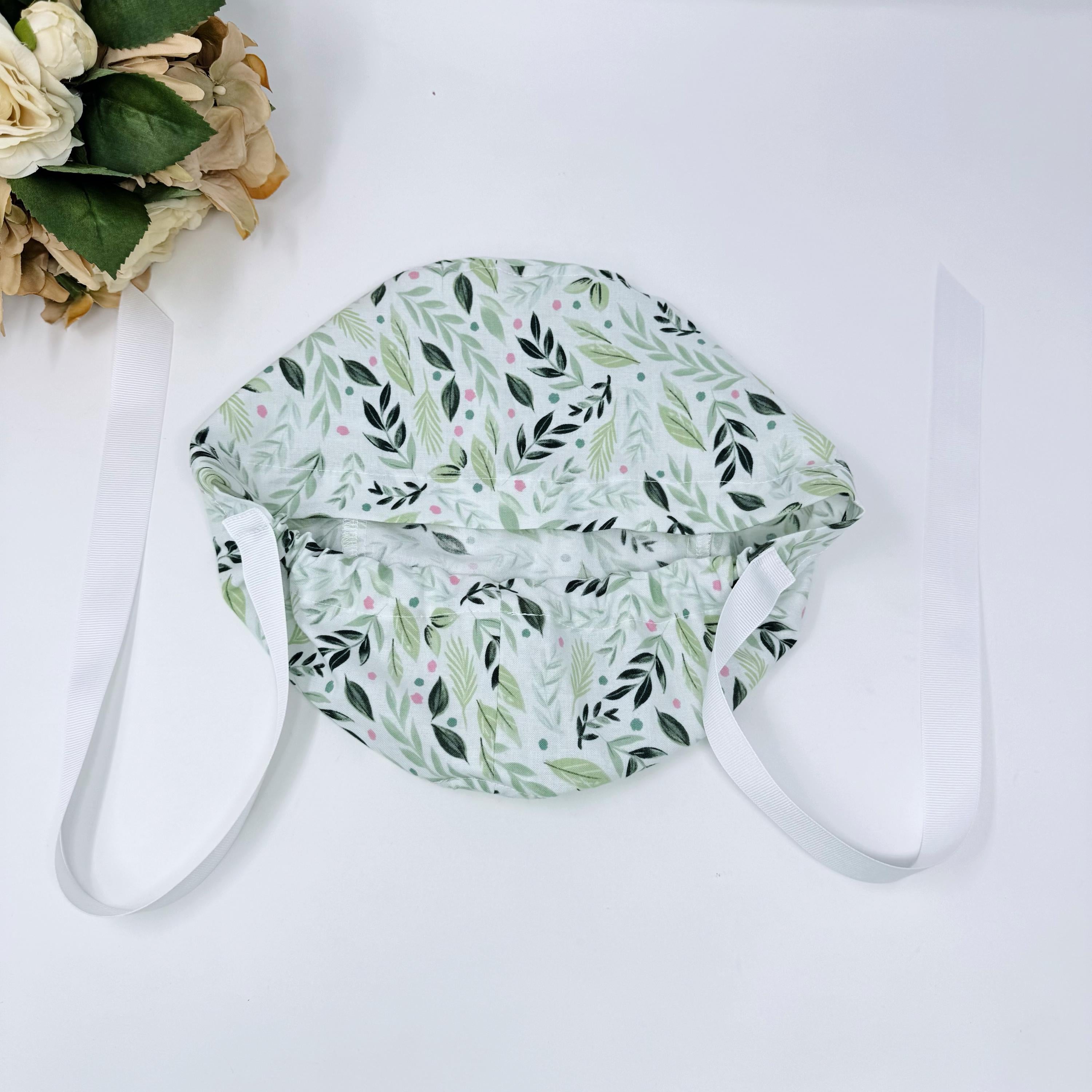 Flower Euro scrub cap with ties for women, European surgical hat with satin lined by Paradise Caps.