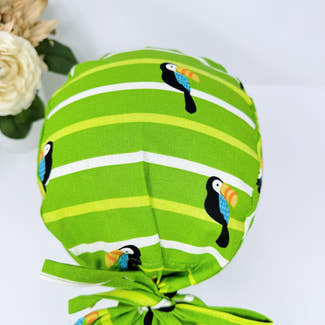 Toucan ponytail scrub cap for women. Summer Ponytail scrub hat, Scrub caps for women by Paradise Caps.