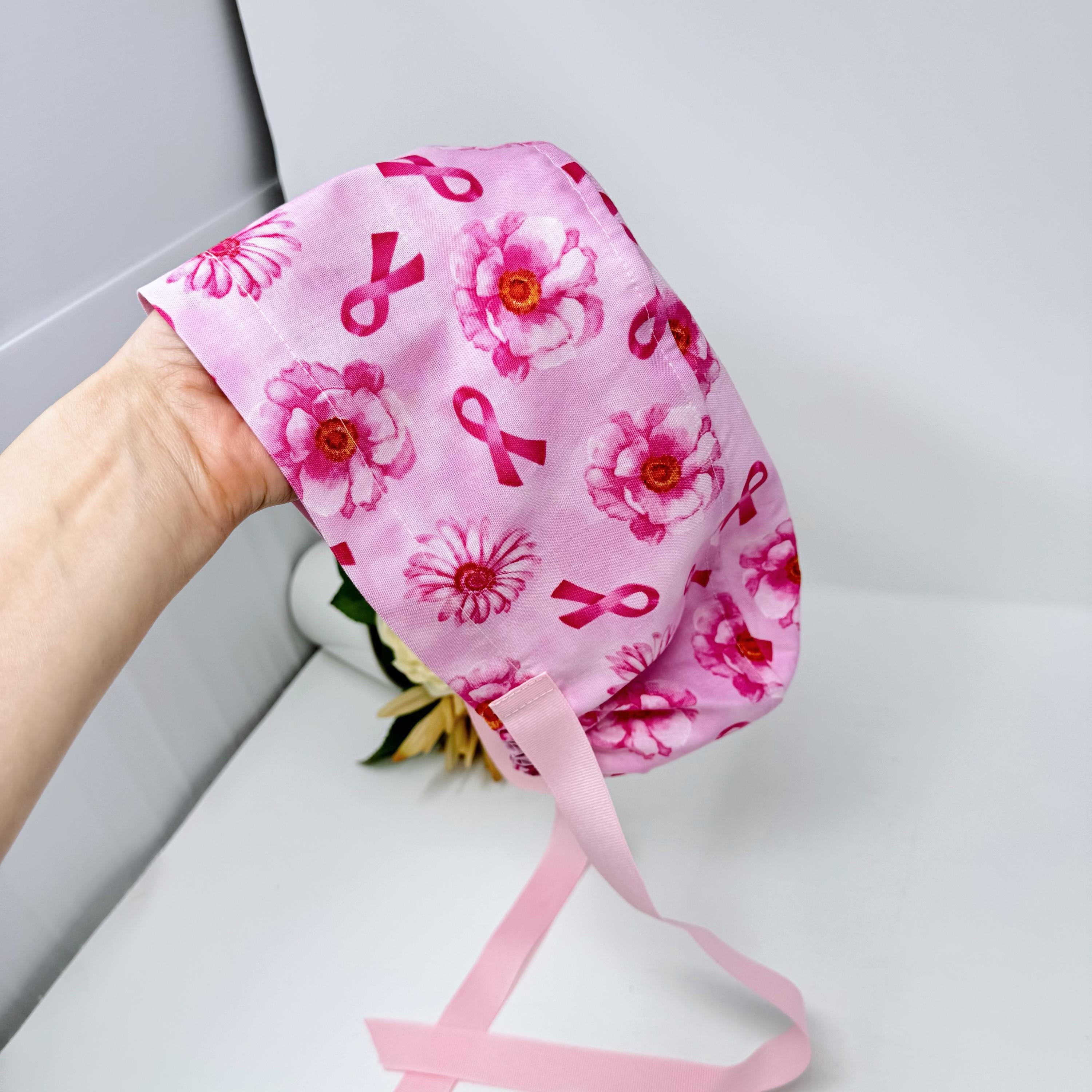 Pink flower Euro scrub cap with ties for Women by Paradise Caps. Euro PLUS style.