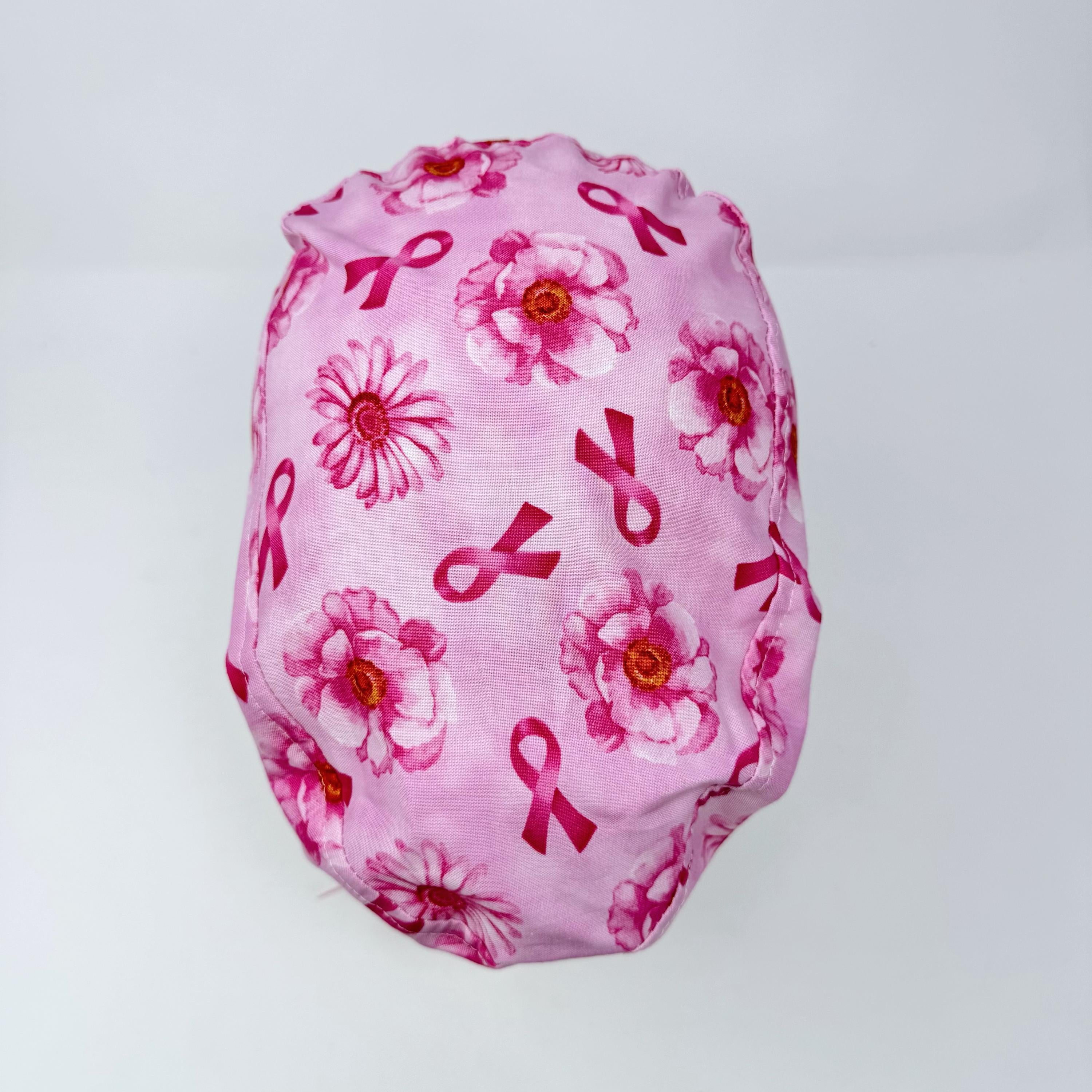Pink flower Euro scrub cap with ties for Women by Paradise Caps. Euro PLUS style.