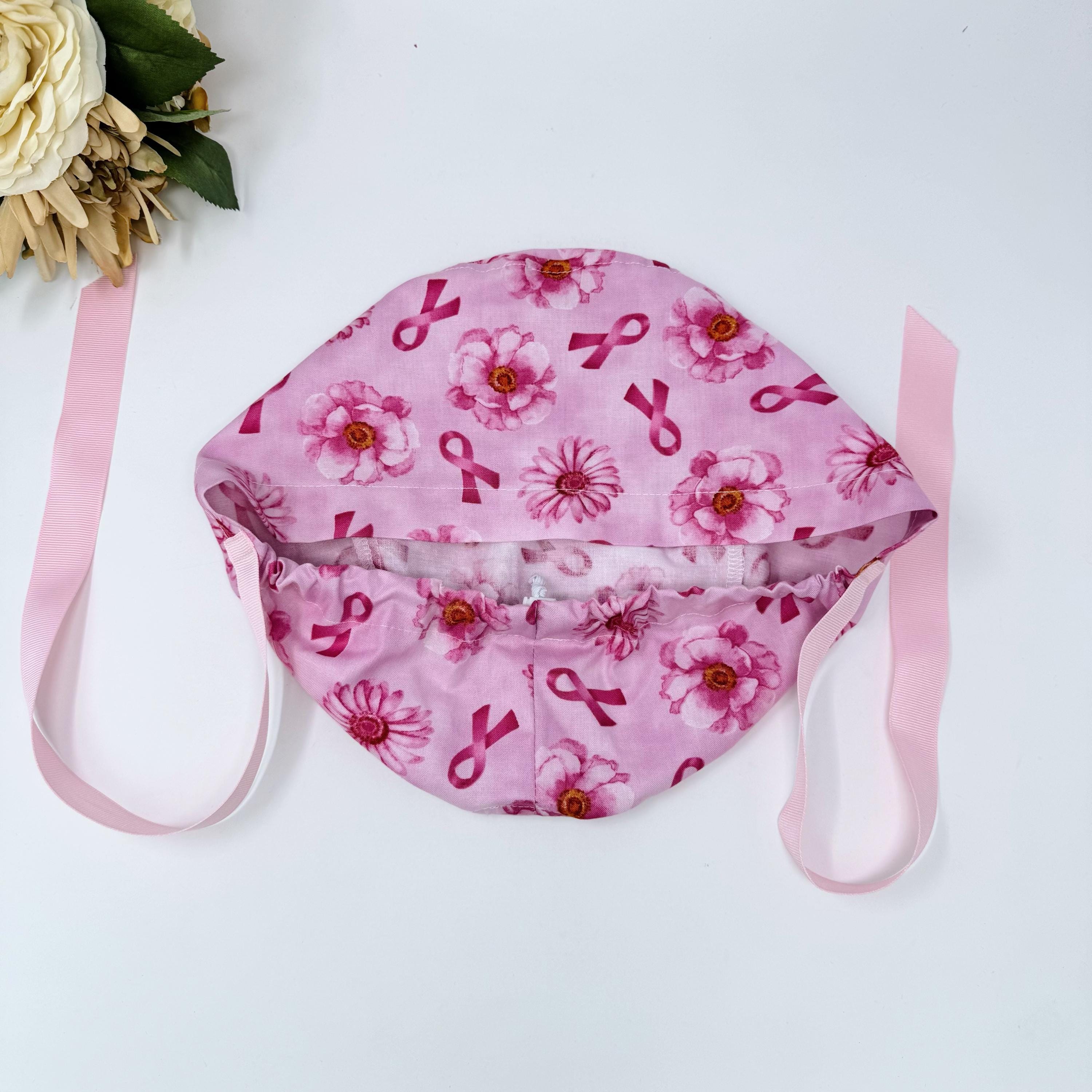 Pink flower Euro scrub cap with ties for Women by Paradise Caps. Euro PLUS style.