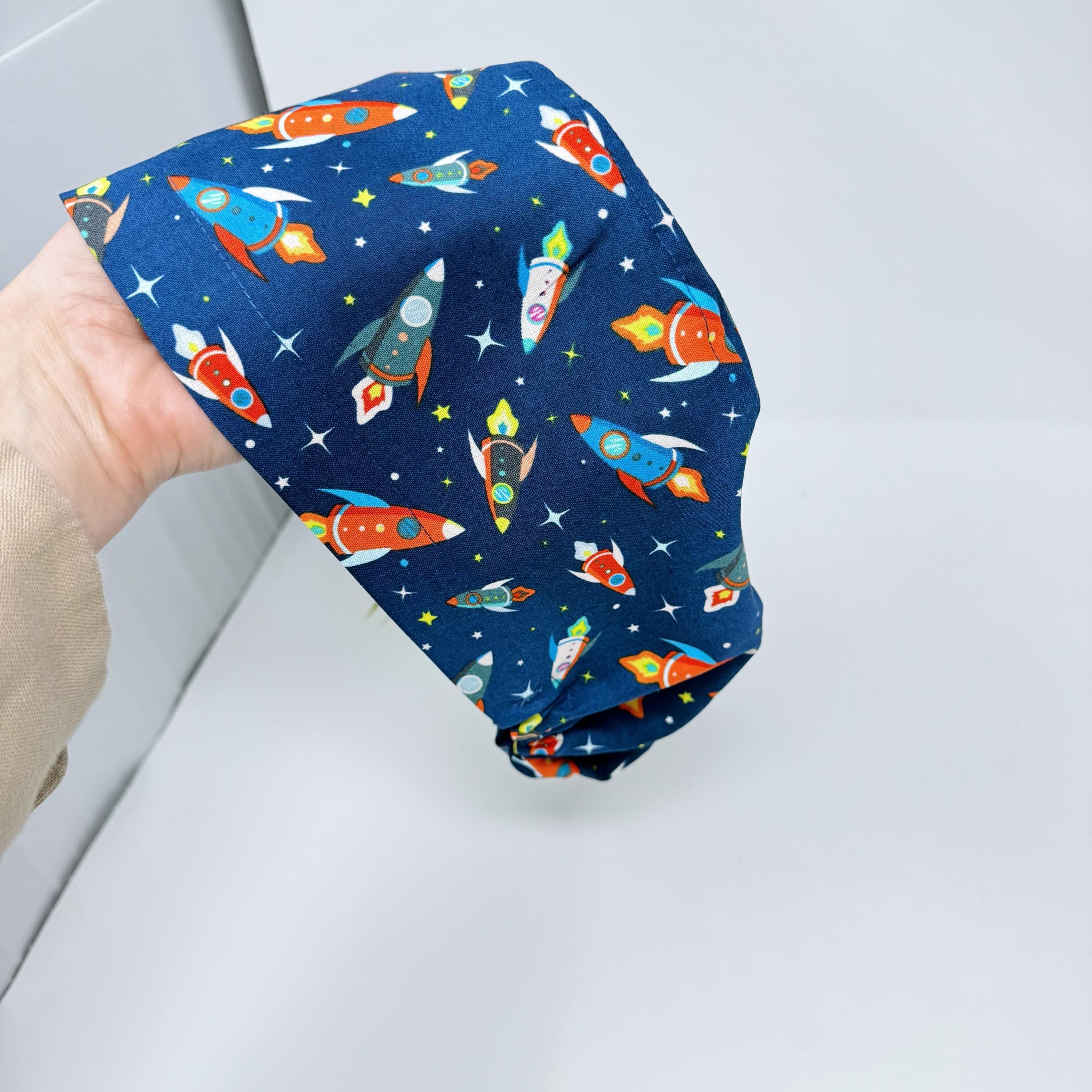 Rocket Euro scrub cap for women, Space in space surgical cap with satin lined by Paradise Caps.
