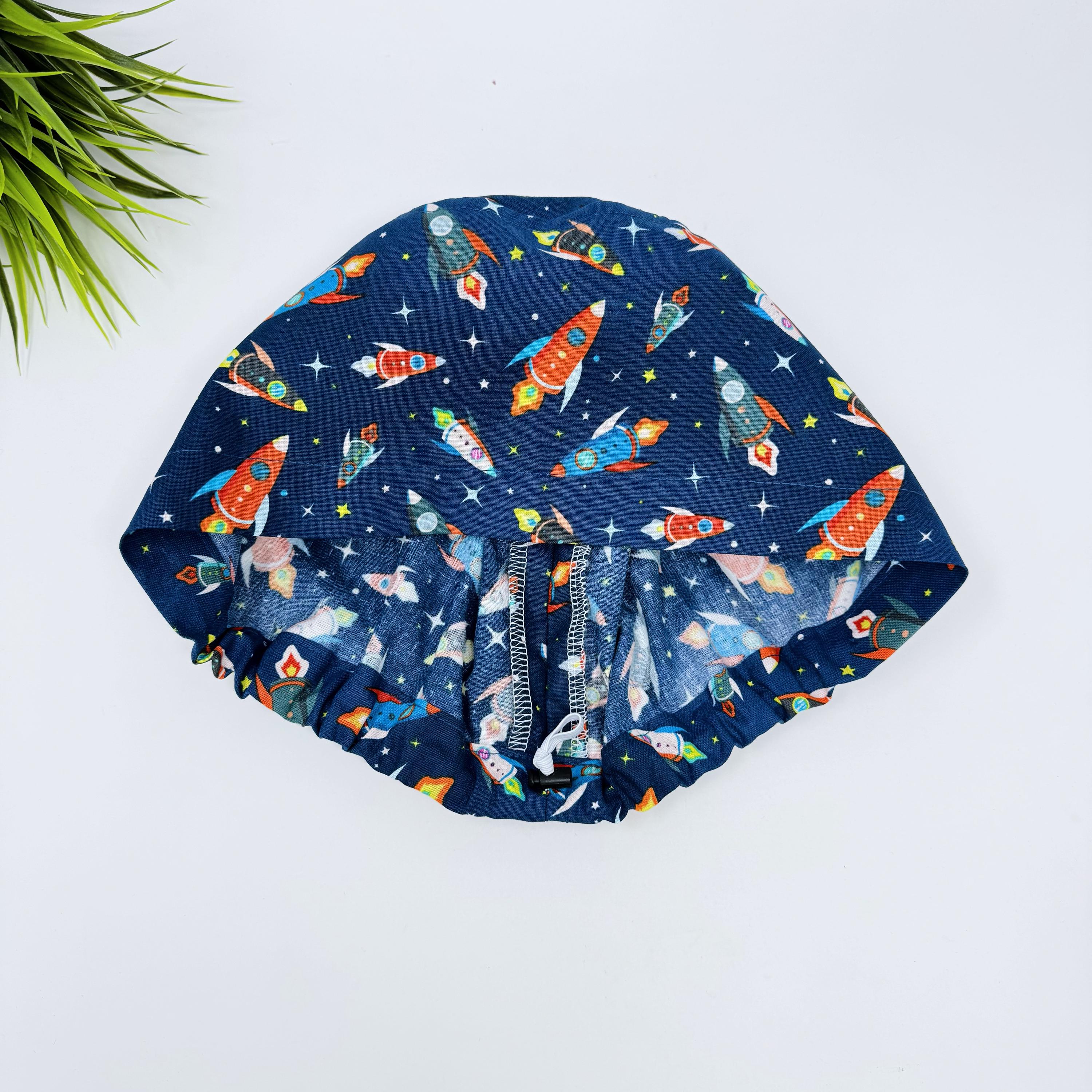 Rocket Euro scrub cap for women, Space in space surgical cap with satin lined by Paradise Caps.