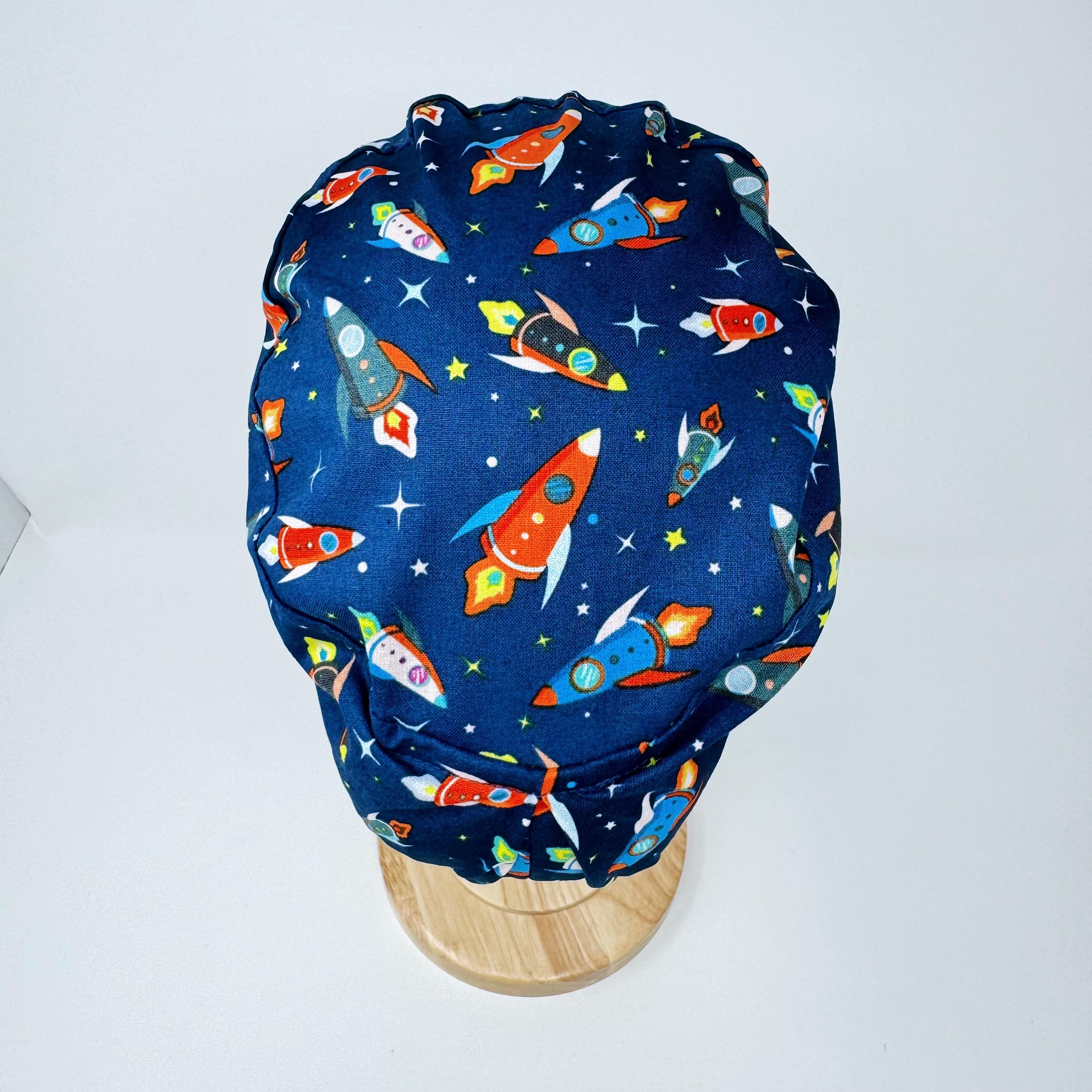 Rocket Euro scrub cap for women, Space in space surgical cap with satin lined by Paradise Caps.
