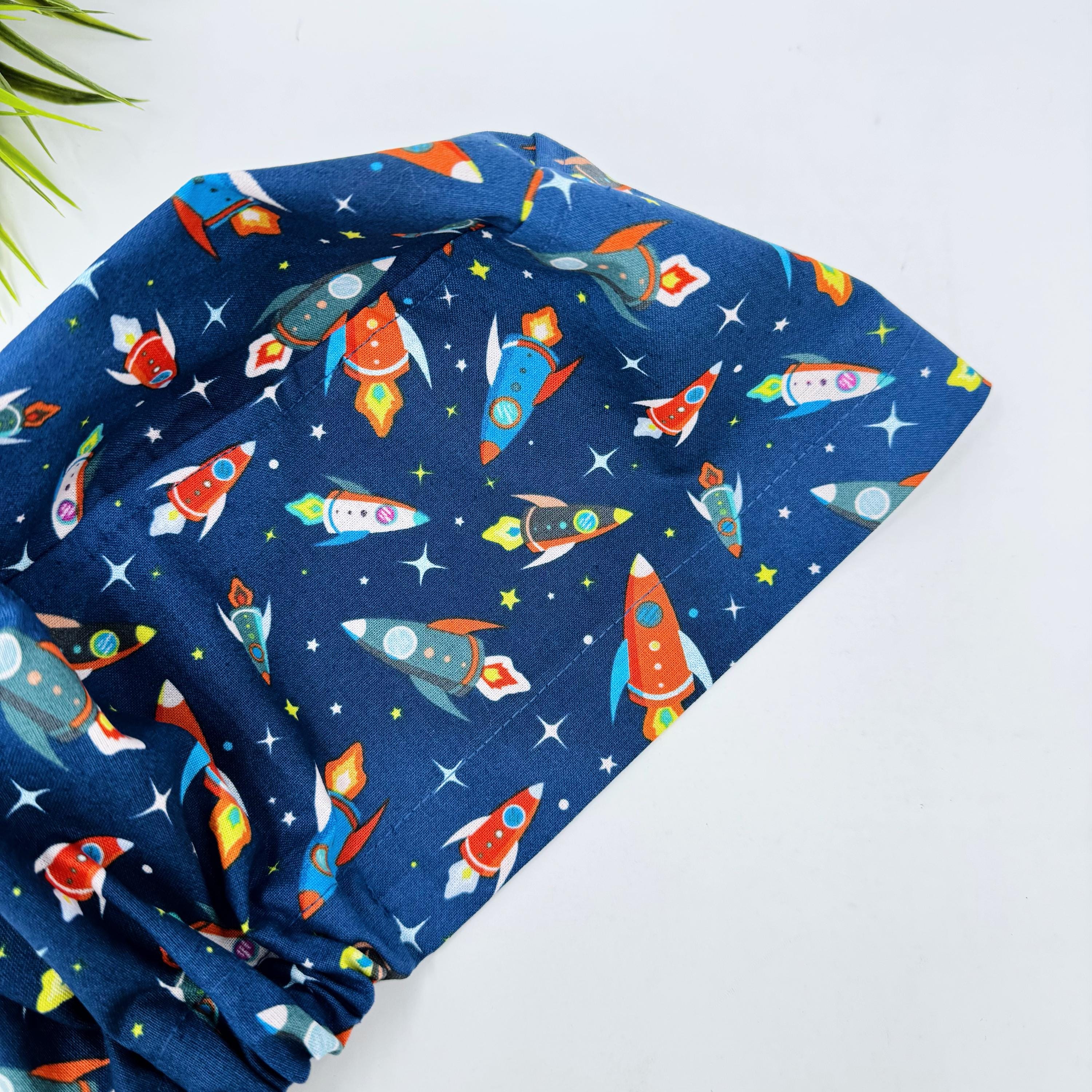 Rocket Euro scrub cap for women, Space in space surgical cap with satin lined by Paradise Caps.