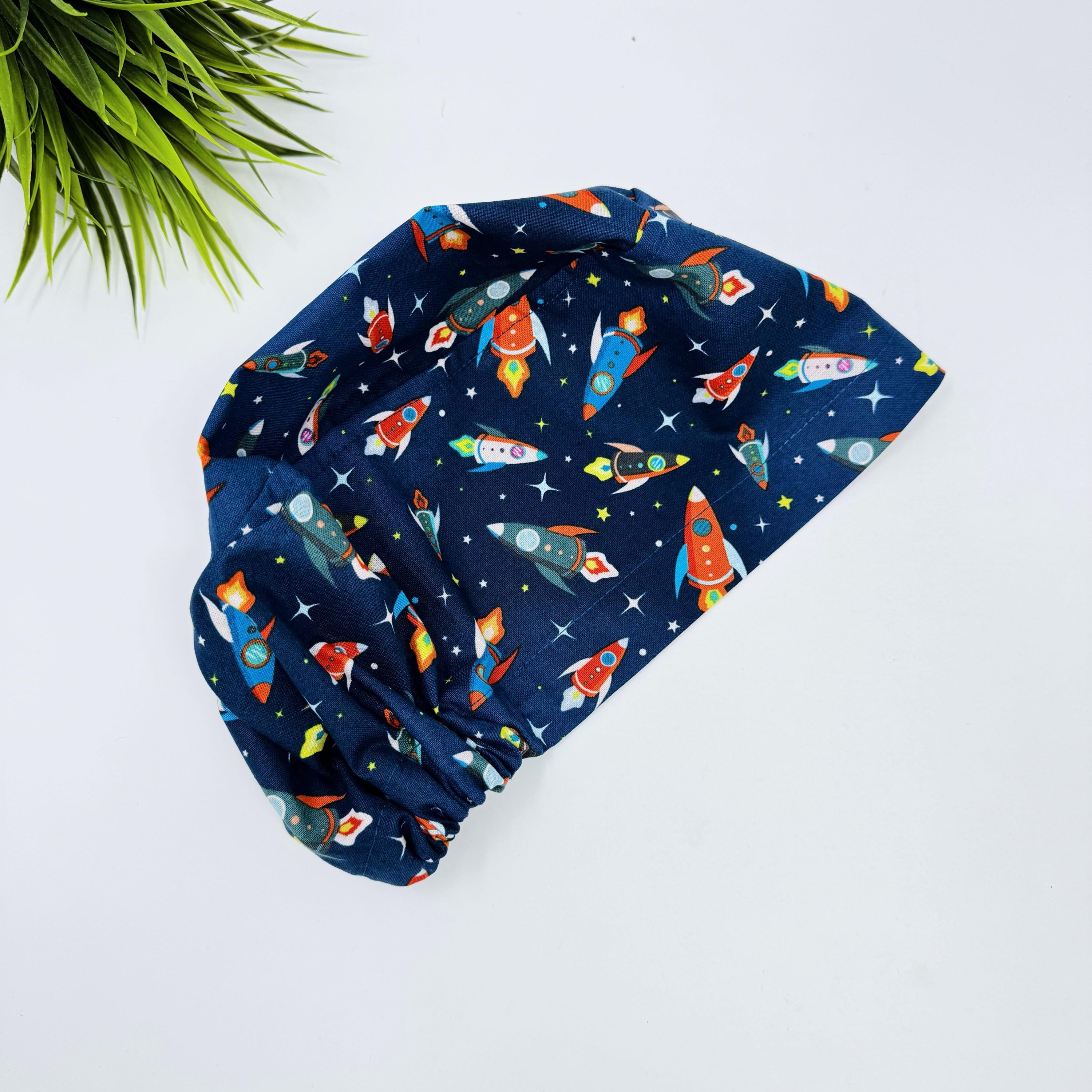Rocket Euro scrub cap for women, Space in space surgical cap with satin lined by Paradise Caps.