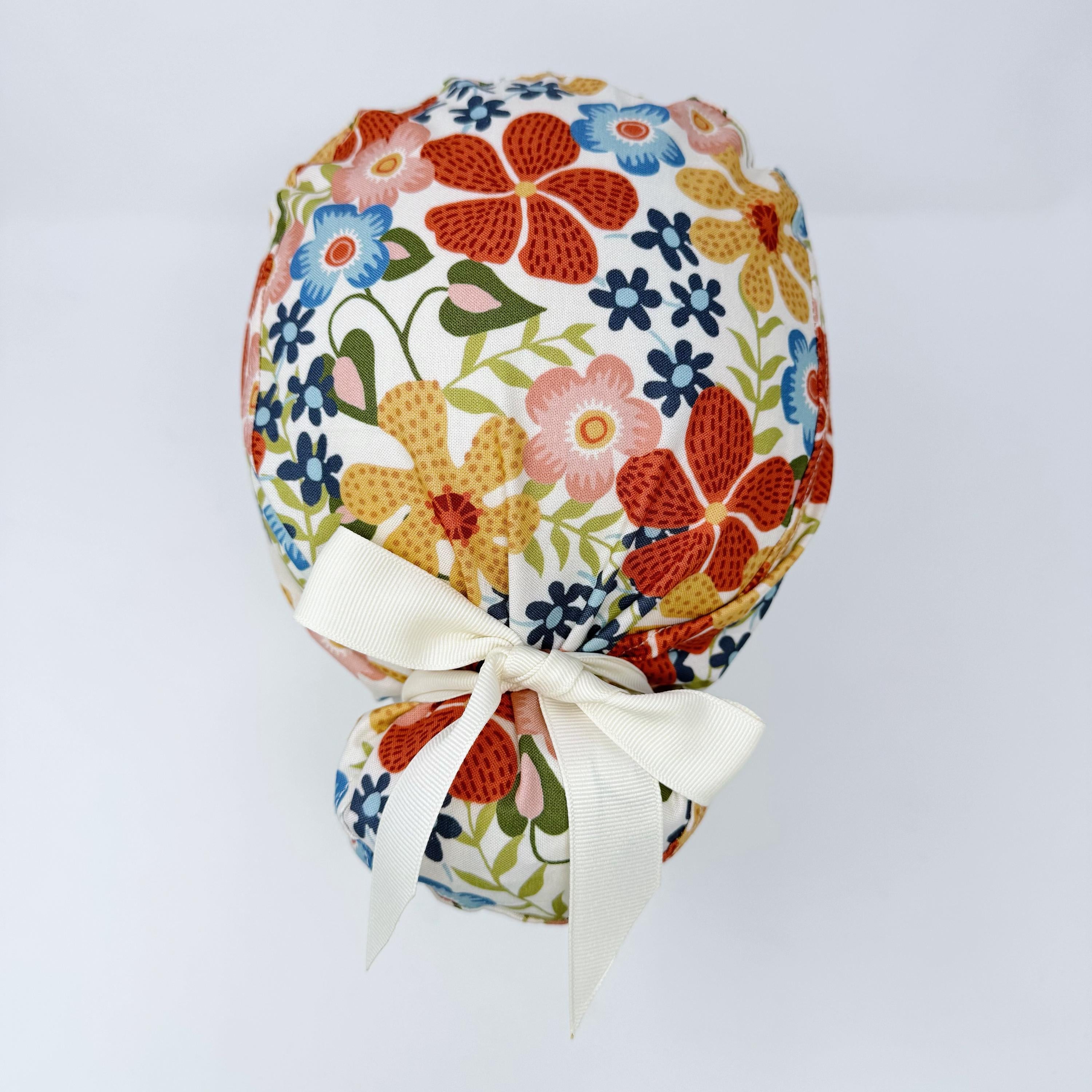 Flower Euro scrub cap with ties for Women, Floral European Surgical cap with Satin Lined option by Paradise Caps. Summer Euro PLUS style.