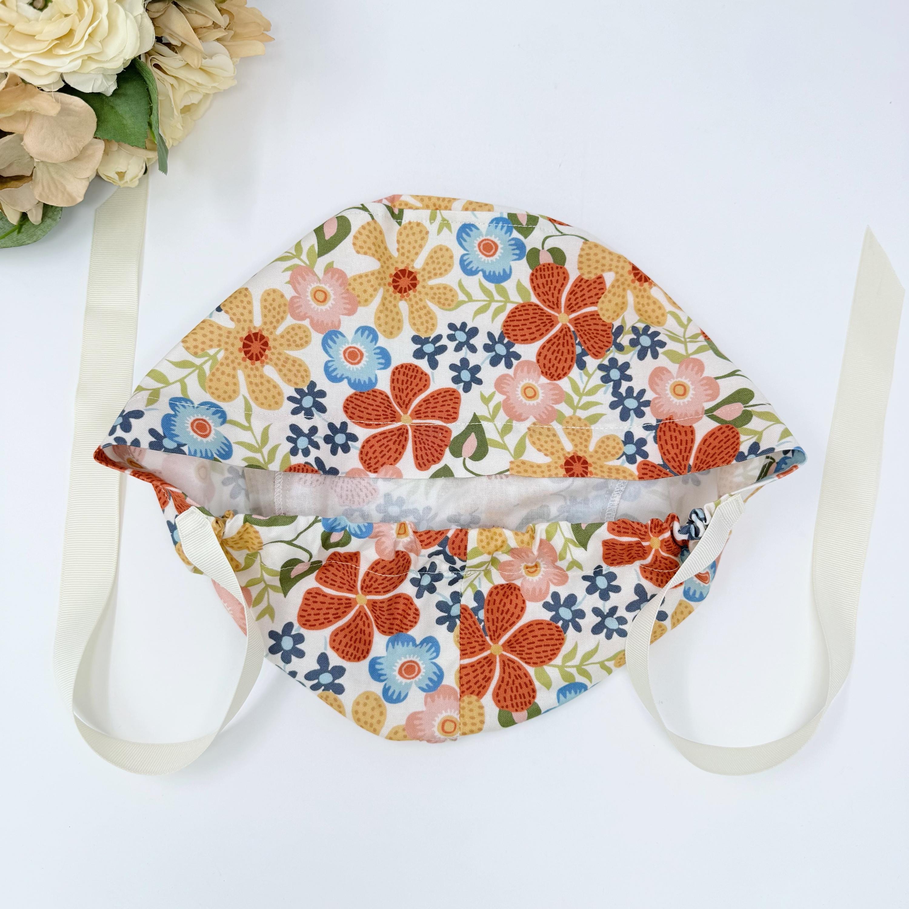 Flower Euro scrub cap with ties for Women, Floral European Surgical cap with Satin Lined option by Paradise Caps. Summer Euro PLUS style.