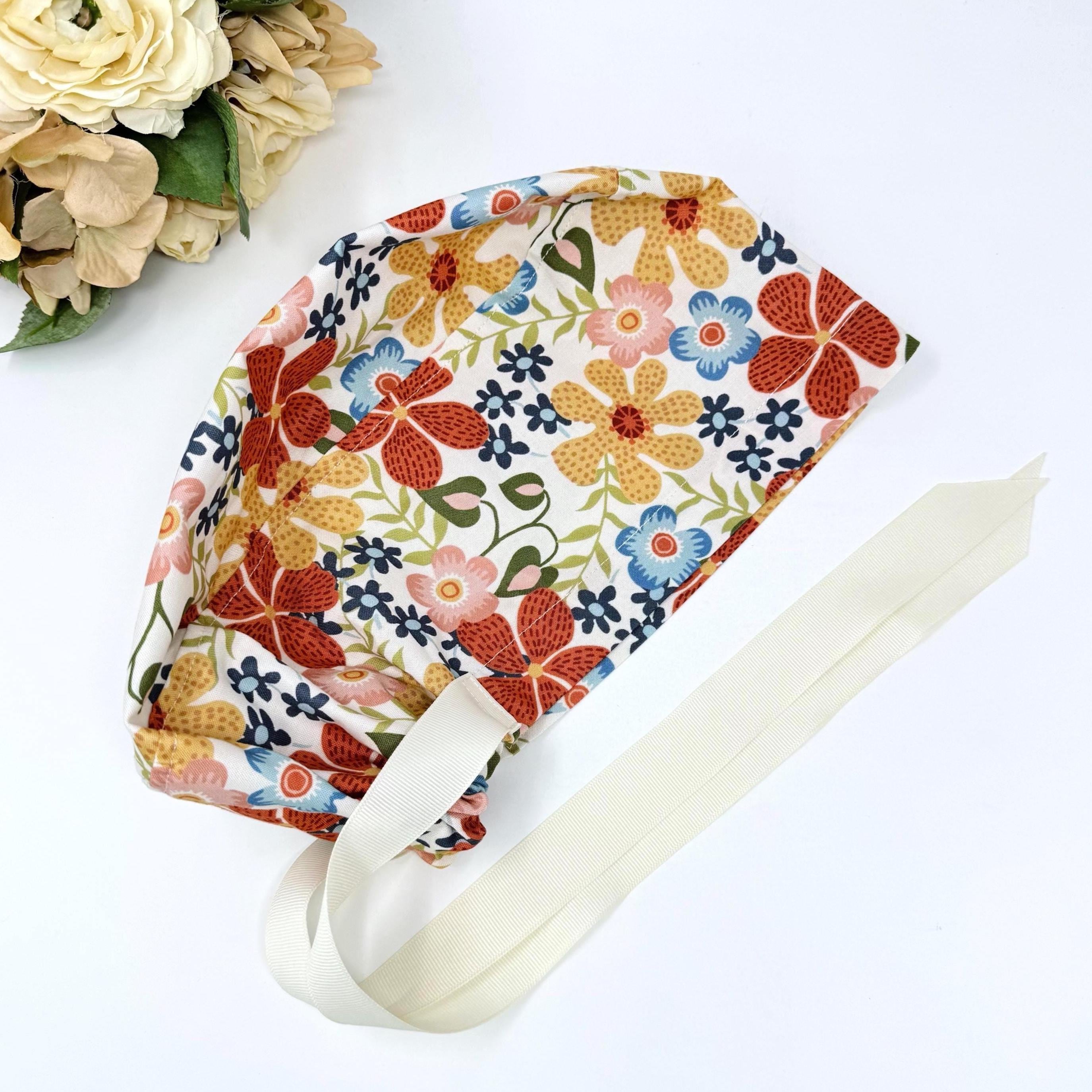Flower Euro scrub cap with ties for Women, Floral European Surgical cap with Satin Lined option by Paradise Caps. Summer Euro PLUS style.