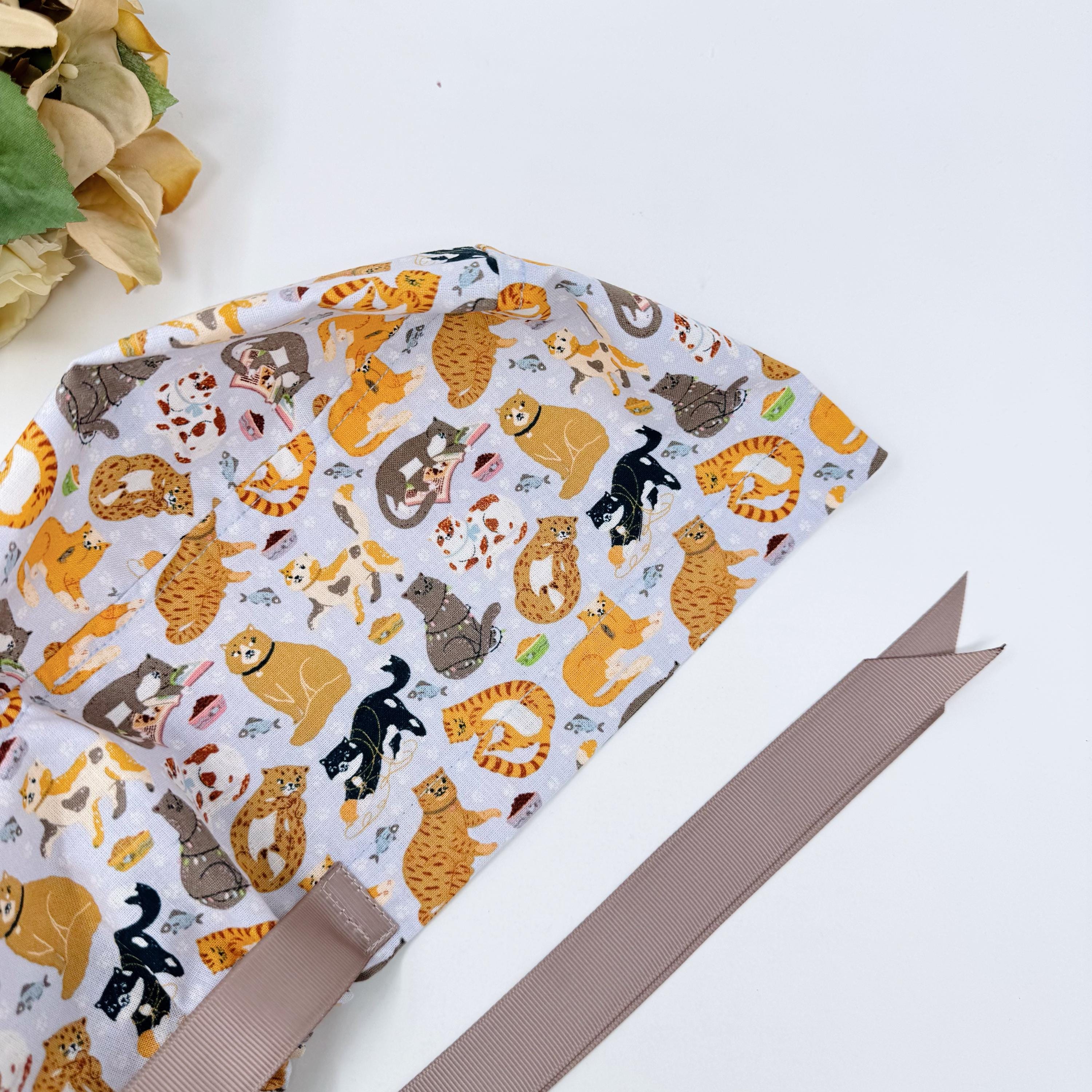 Cat Euro scrub cap with ties for Women, Funny European Surgical cap with Satin Lined Option by Paradise Caps. Euro PLUS style.