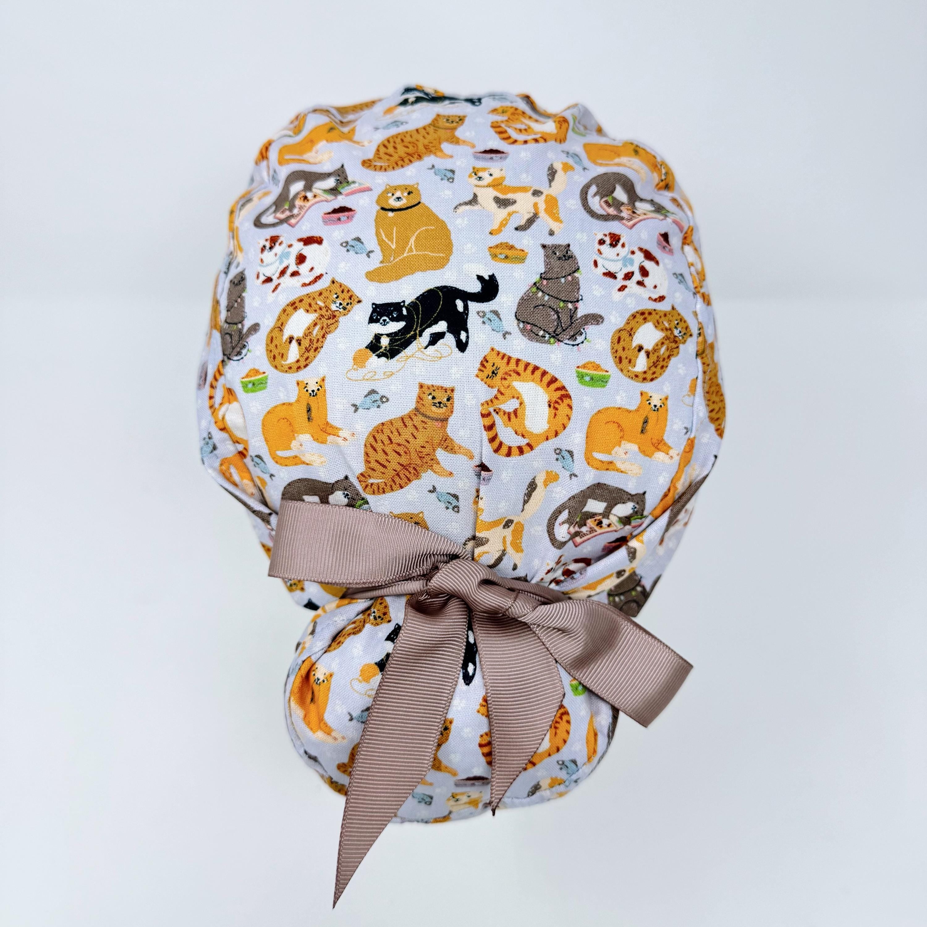 Cat Euro scrub cap with ties for Women, Funny European Surgical cap with Satin Lined Option by Paradise Caps. Euro PLUS style.