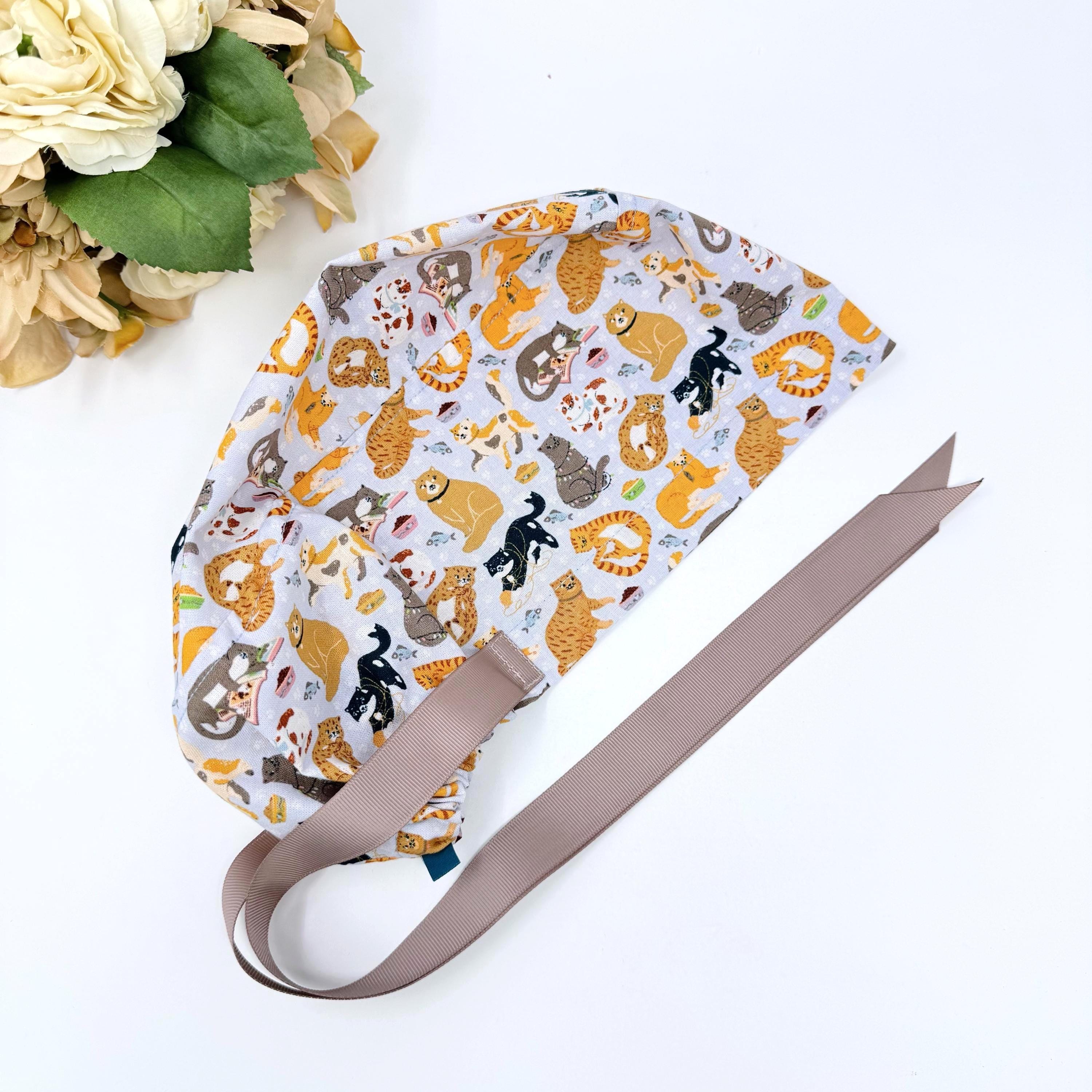 Cat Euro scrub cap with ties for Women, Funny European Surgical cap with Satin Lined Option by Paradise Caps. Euro PLUS style.