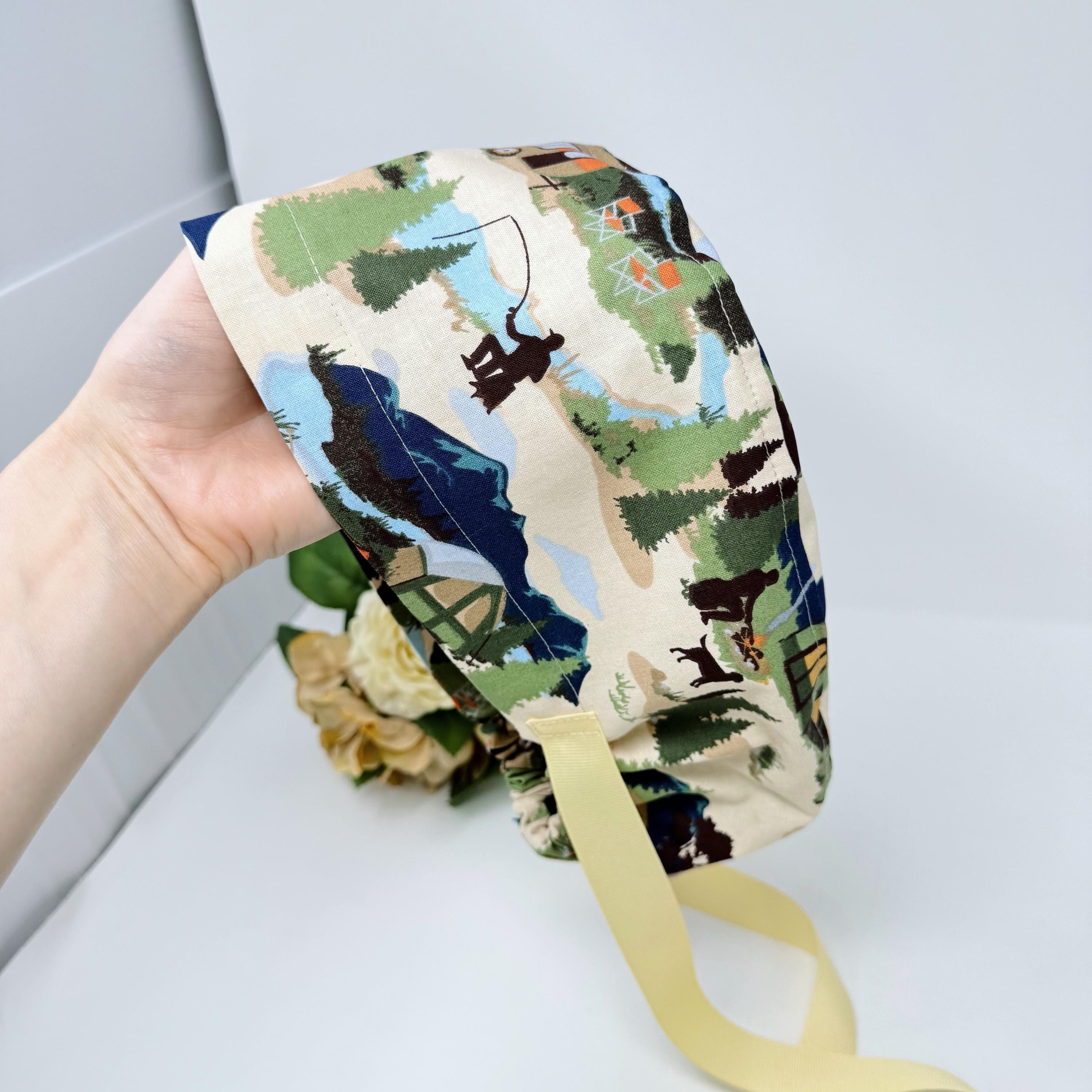 Camping Euro scrub cap with ties for women. Outdoor European satin lined surgical cap by Paradise Caps. Euro PLUS style.