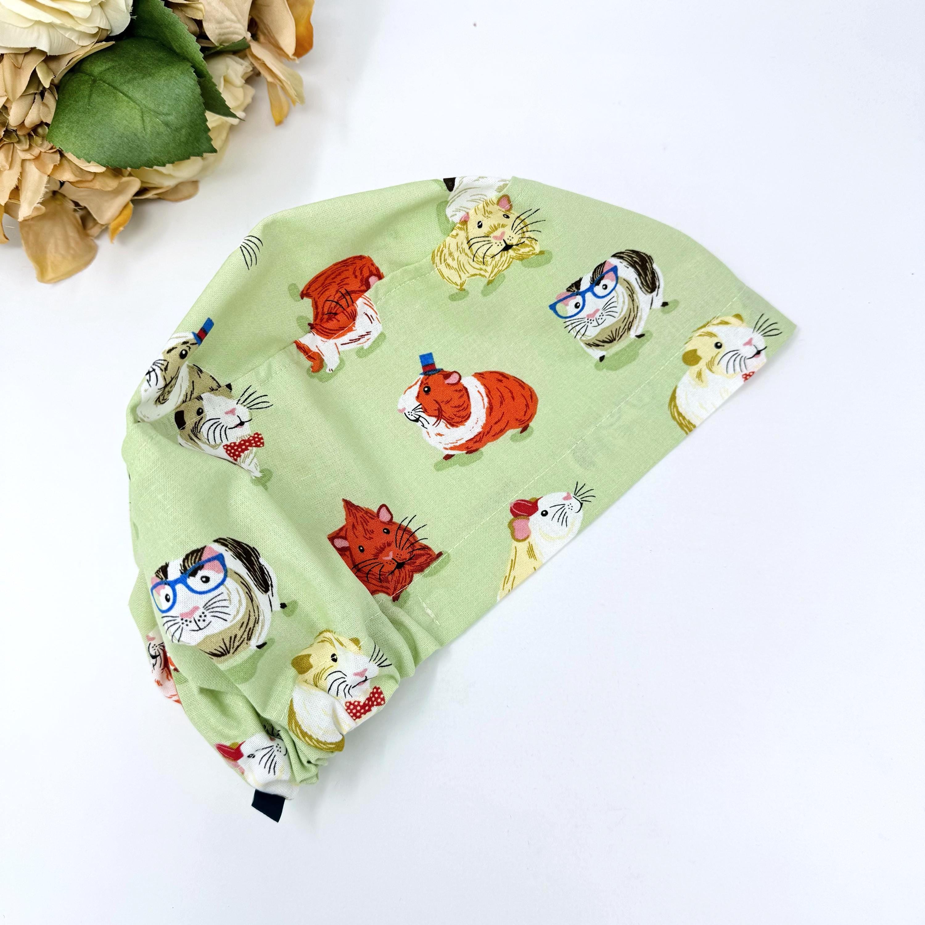 Guinea pig Euro scrub cap for women. Pet European satin lined surgical cap by Paradise Caps.