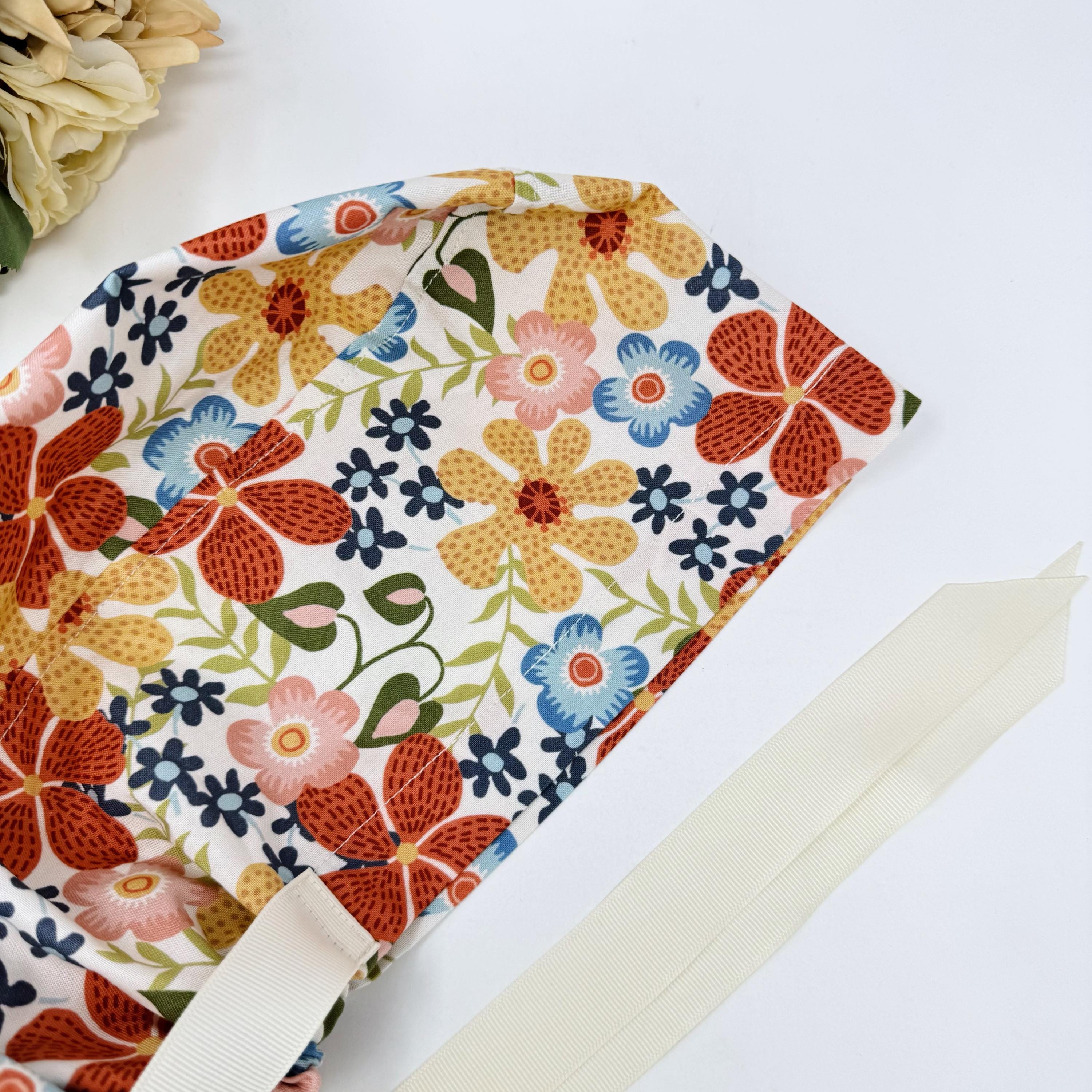 Flower Euro scrub cap with ties for Women, Floral European Surgical cap with Satin Lined option by Paradise Caps. Summer Euro PLUS style.