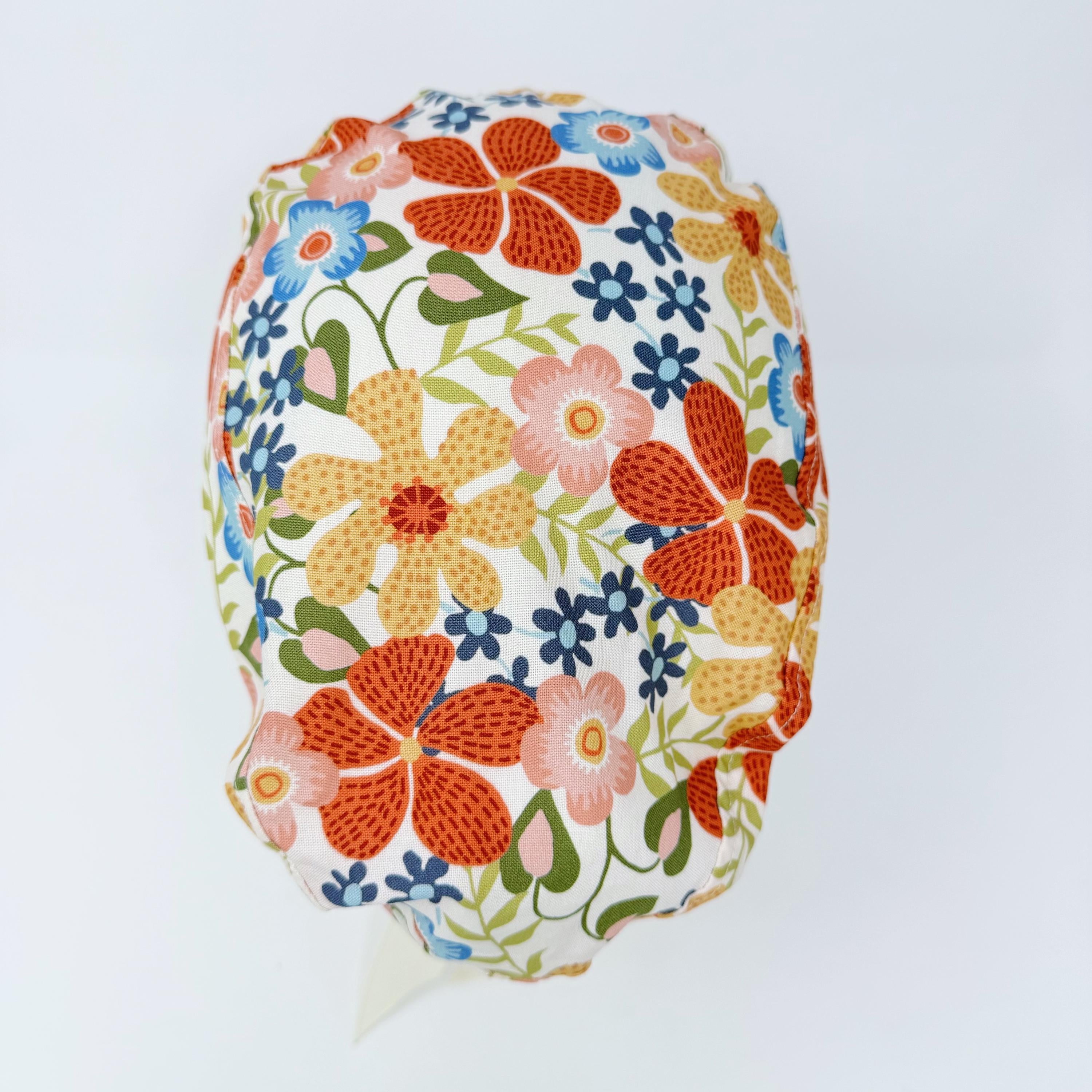 Flower Euro scrub cap with ties for Women, Floral European Surgical cap with Satin Lined option by Paradise Caps. Summer Euro PLUS style.