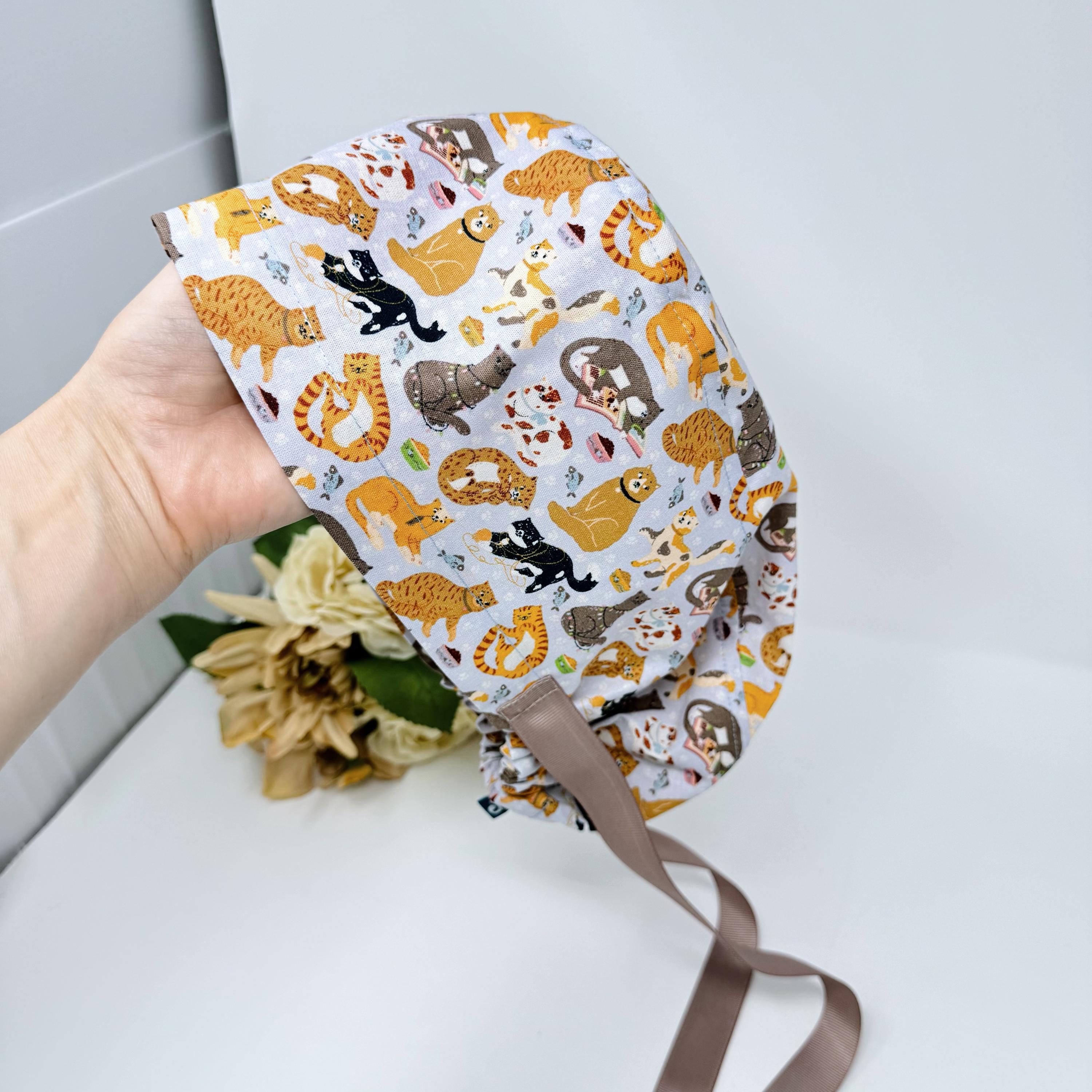 Cat Euro scrub cap with ties for Women, Funny European Surgical cap with Satin Lined Option by Paradise Caps. Euro PLUS style.