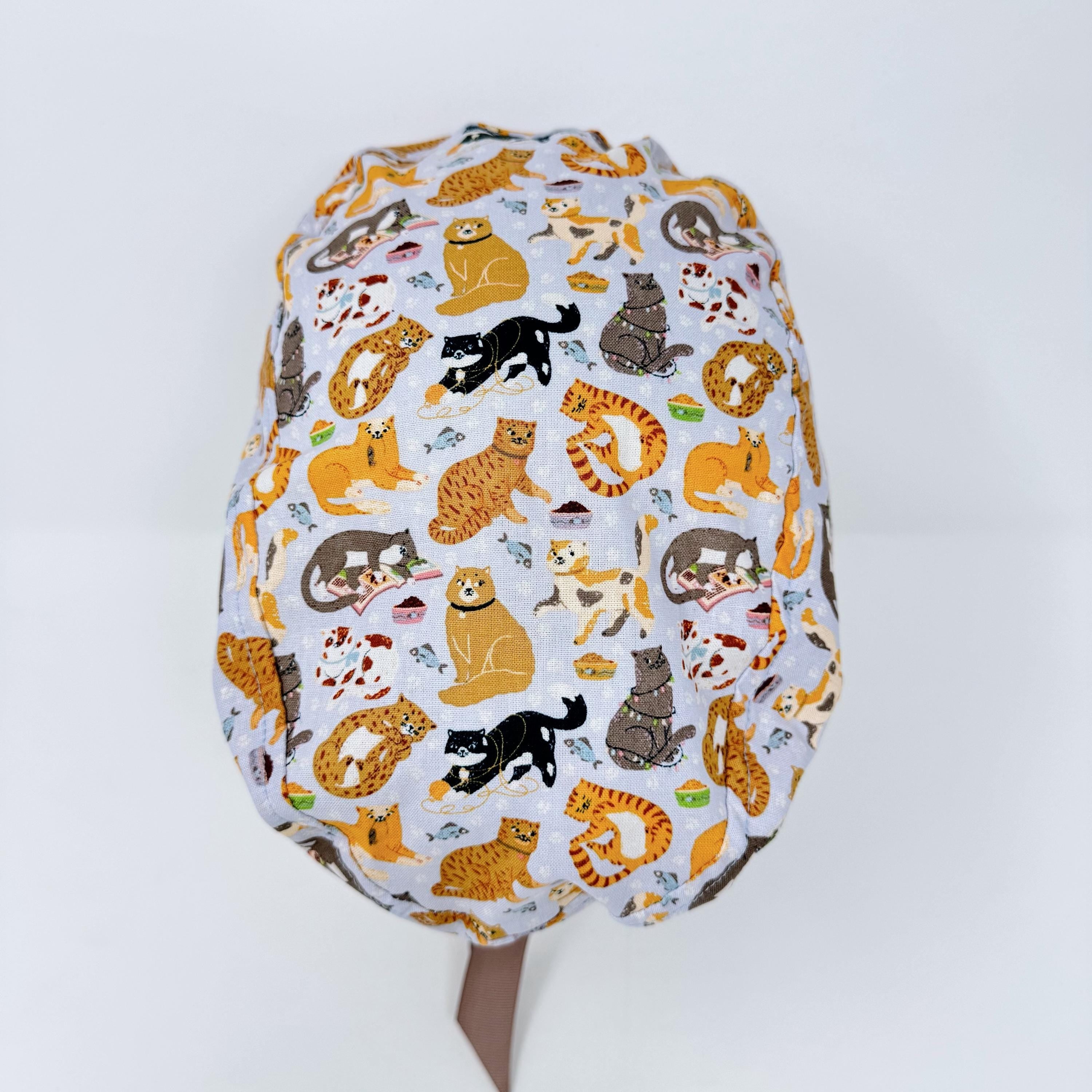 Cat Euro scrub cap with ties for Women, Funny European Surgical cap with Satin Lined Option by Paradise Caps. Euro PLUS style.