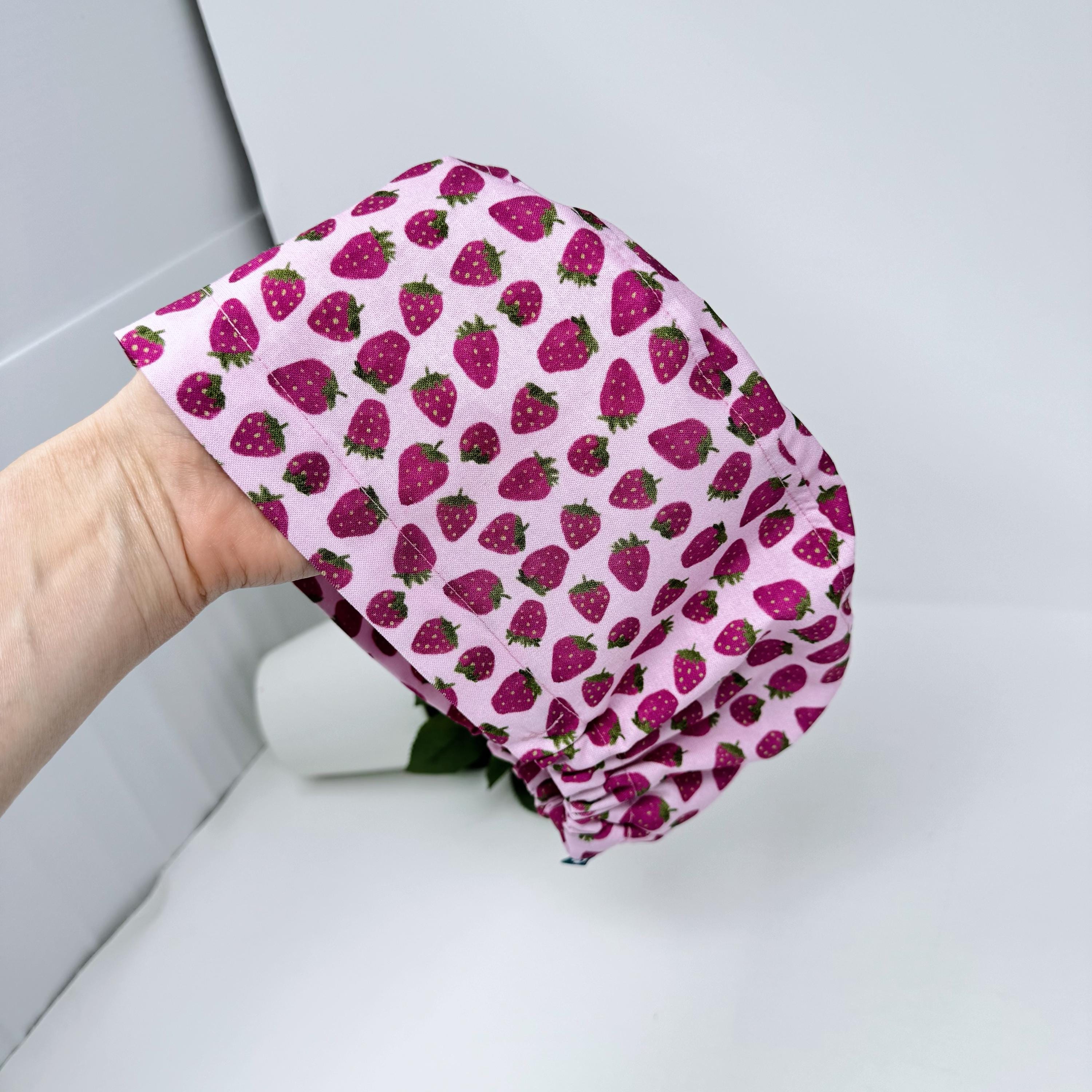 Strawberry Euro Scrub Cap for Women, European surgical hat with satin lined by Paradise Caps.