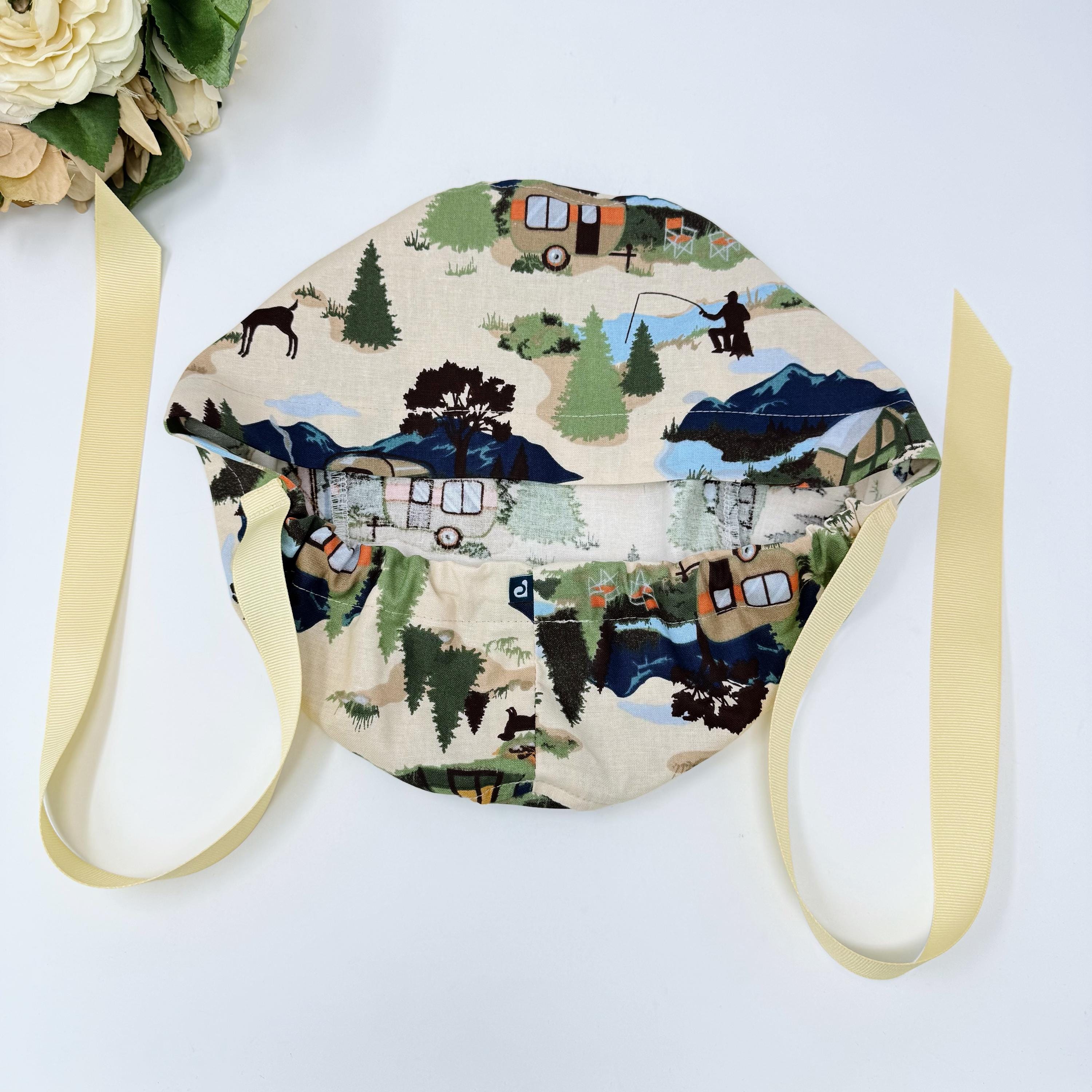 Camping Euro scrub cap with ties for women. Outdoor European satin lined surgical cap by Paradise Caps. Euro PLUS style.