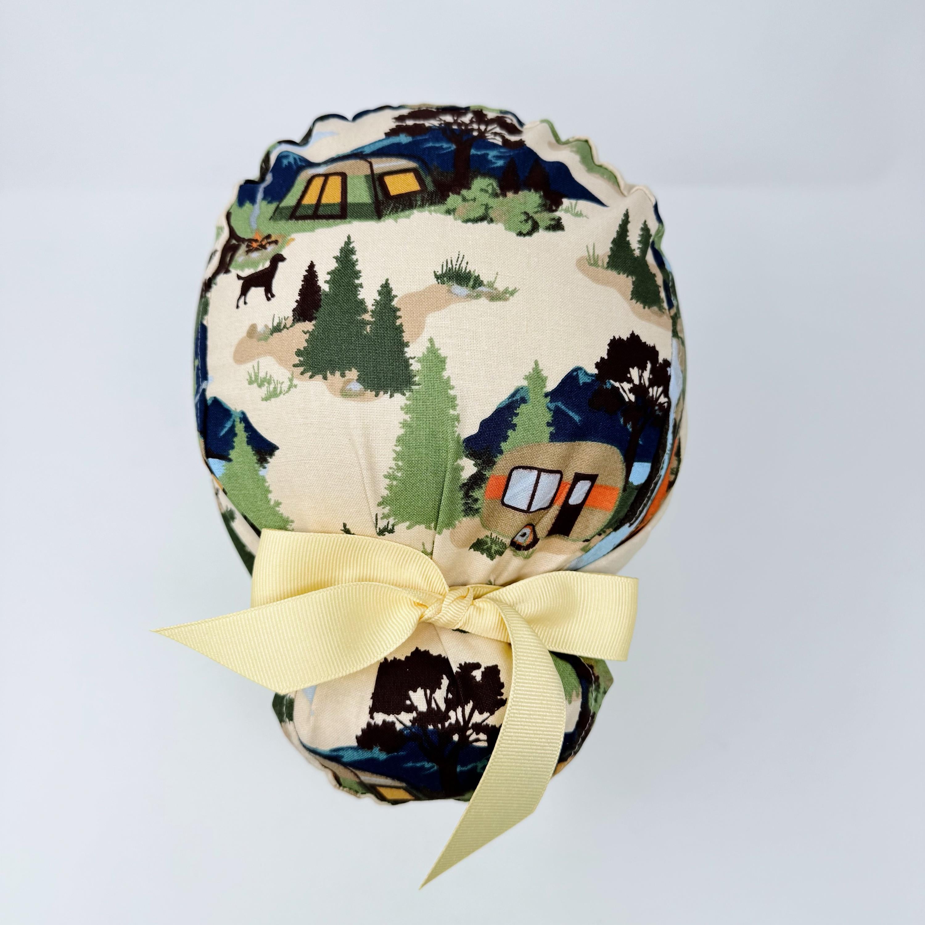 Camping Euro scrub cap with ties for women. Outdoor European satin lined surgical cap by Paradise Caps. Euro PLUS style.