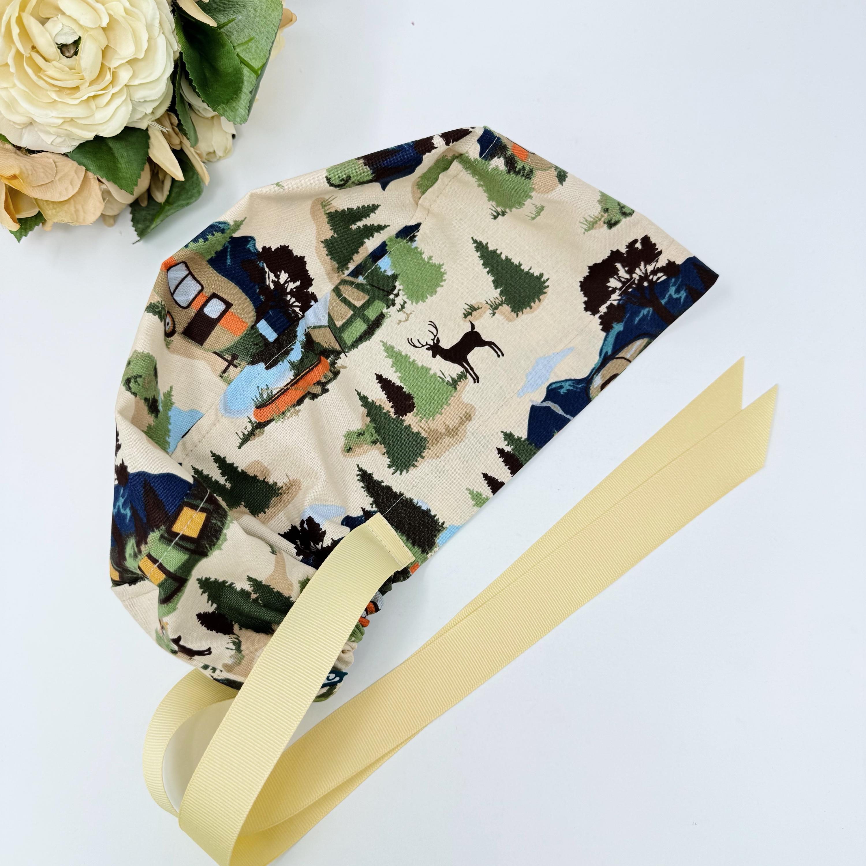 Camping Euro scrub cap with ties for women. Outdoor European satin lined surgical cap by Paradise Caps. Euro PLUS style.