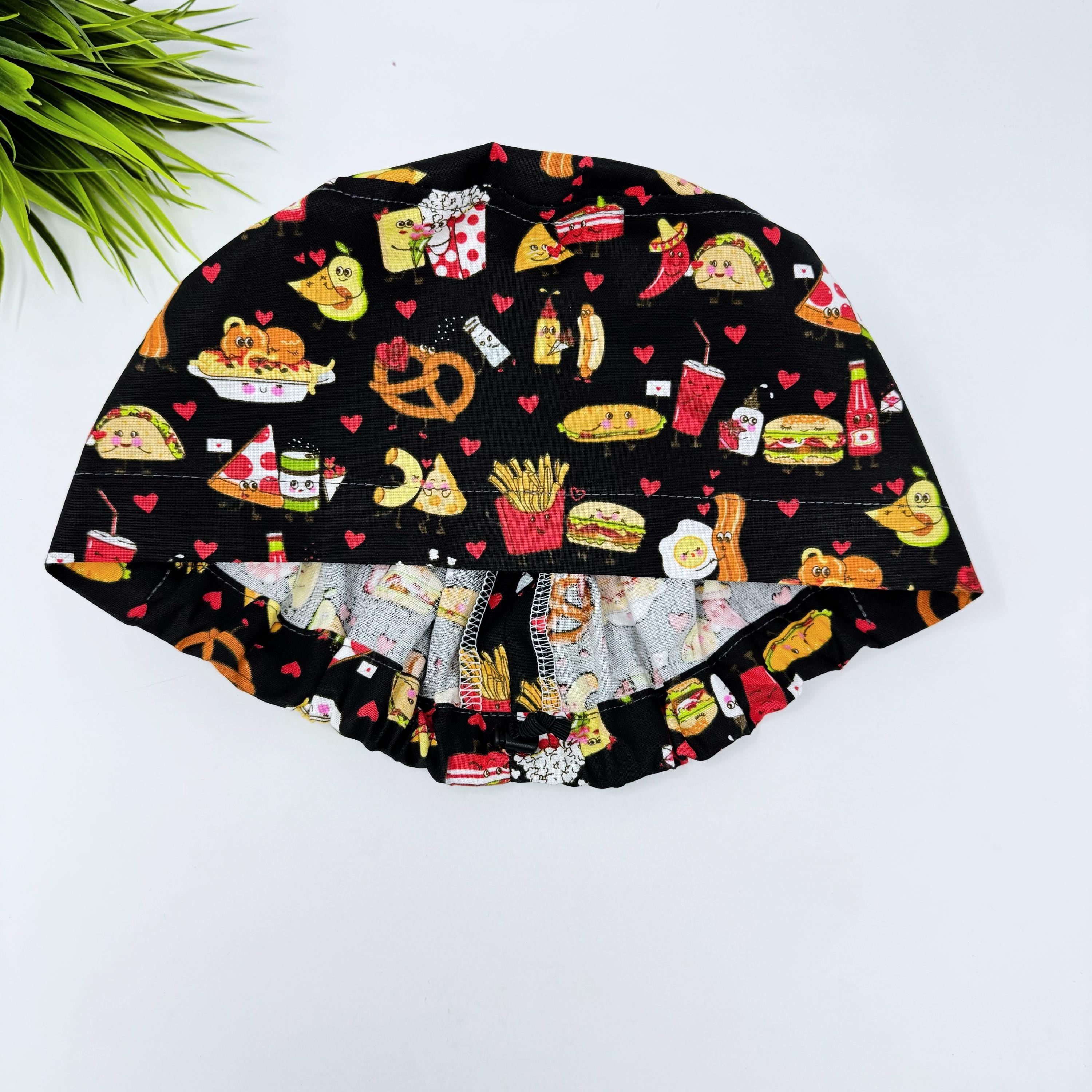 Funny Euro Scrub Cap for Women, Food with Love European surgical hat with satin lined by Paradise Caps.