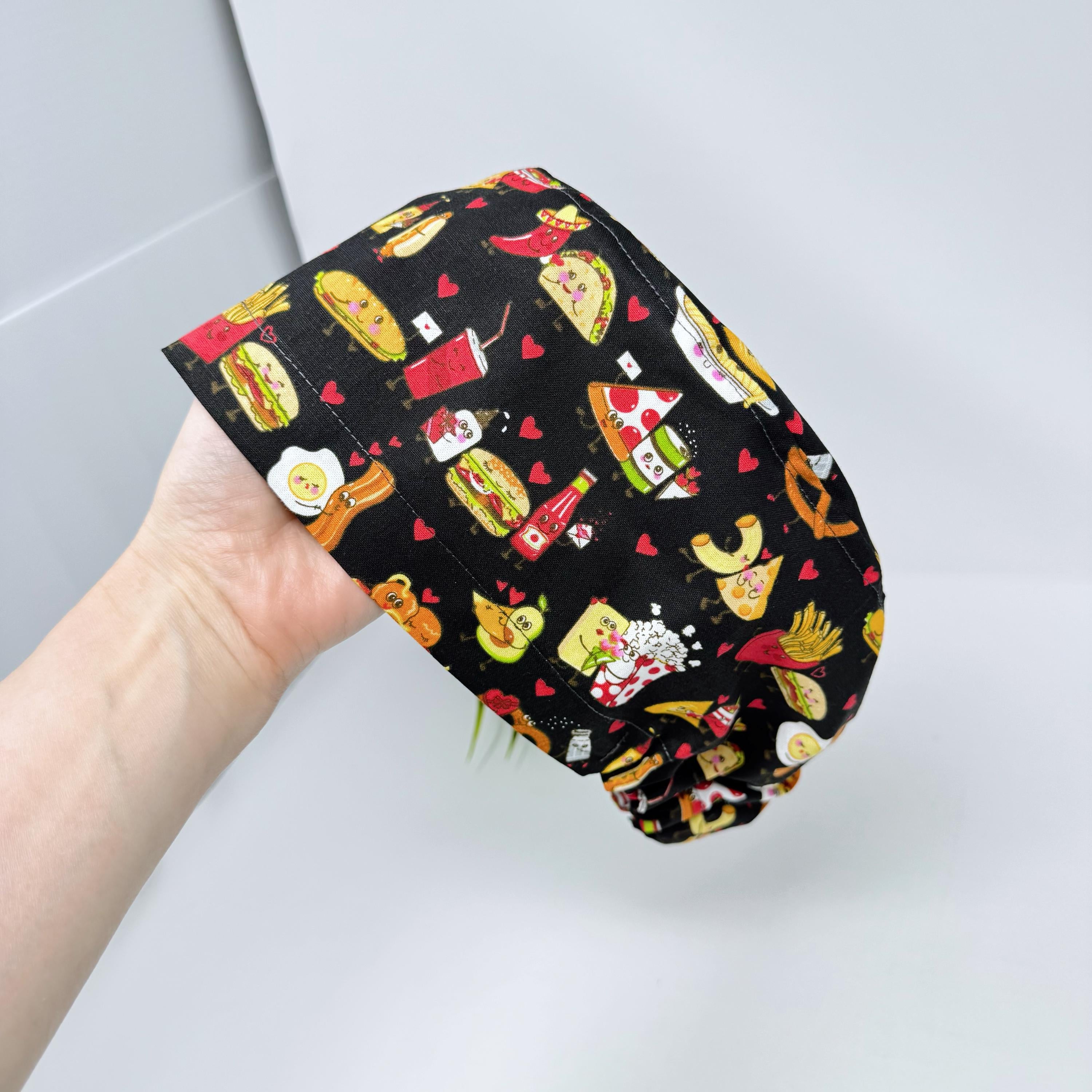 Funny Euro Scrub Cap for Women, Food with Love European surgical hat with satin lined by Paradise Caps.