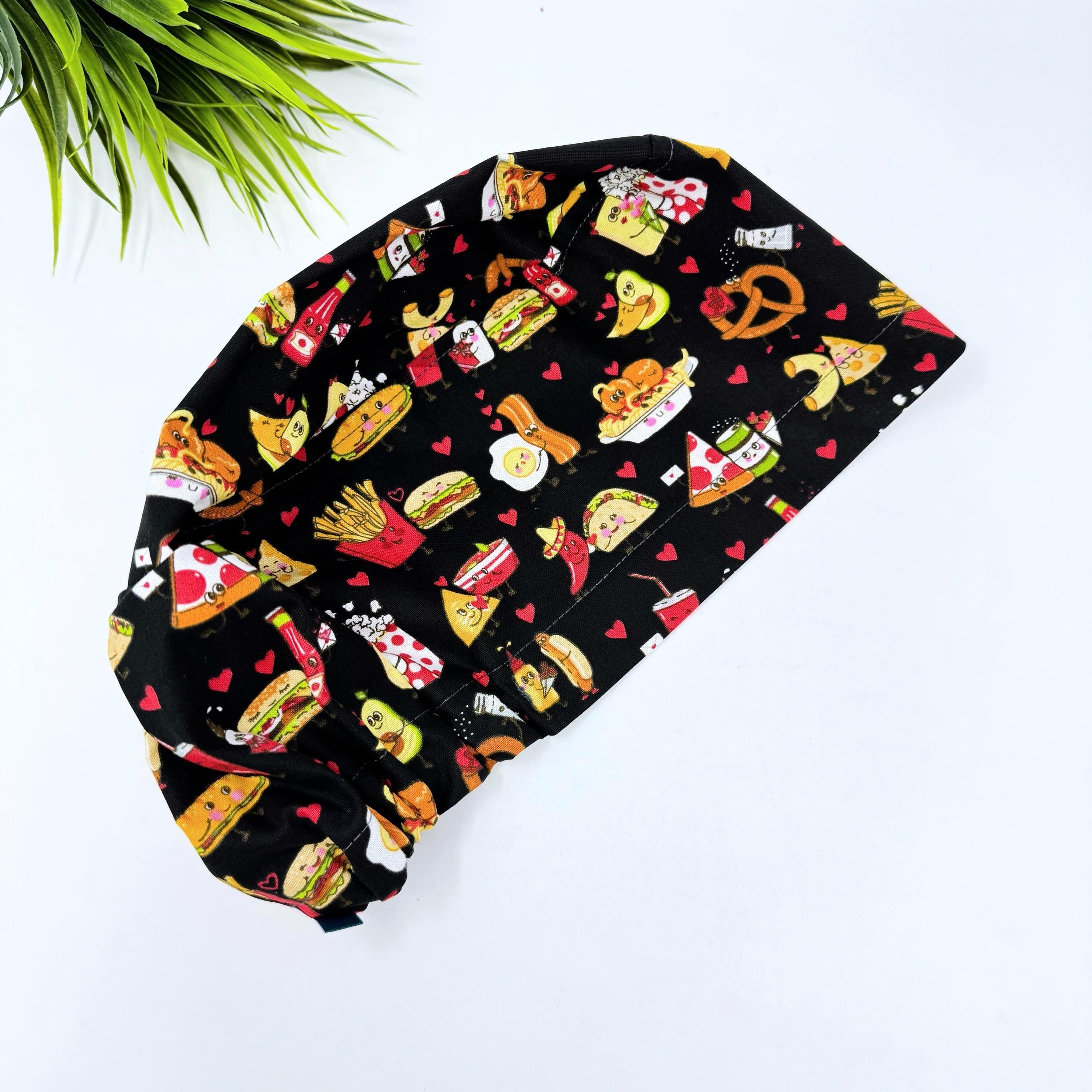 Funny Euro Scrub Cap for Women, Food with Love European surgical hat with satin lined by Paradise Caps.