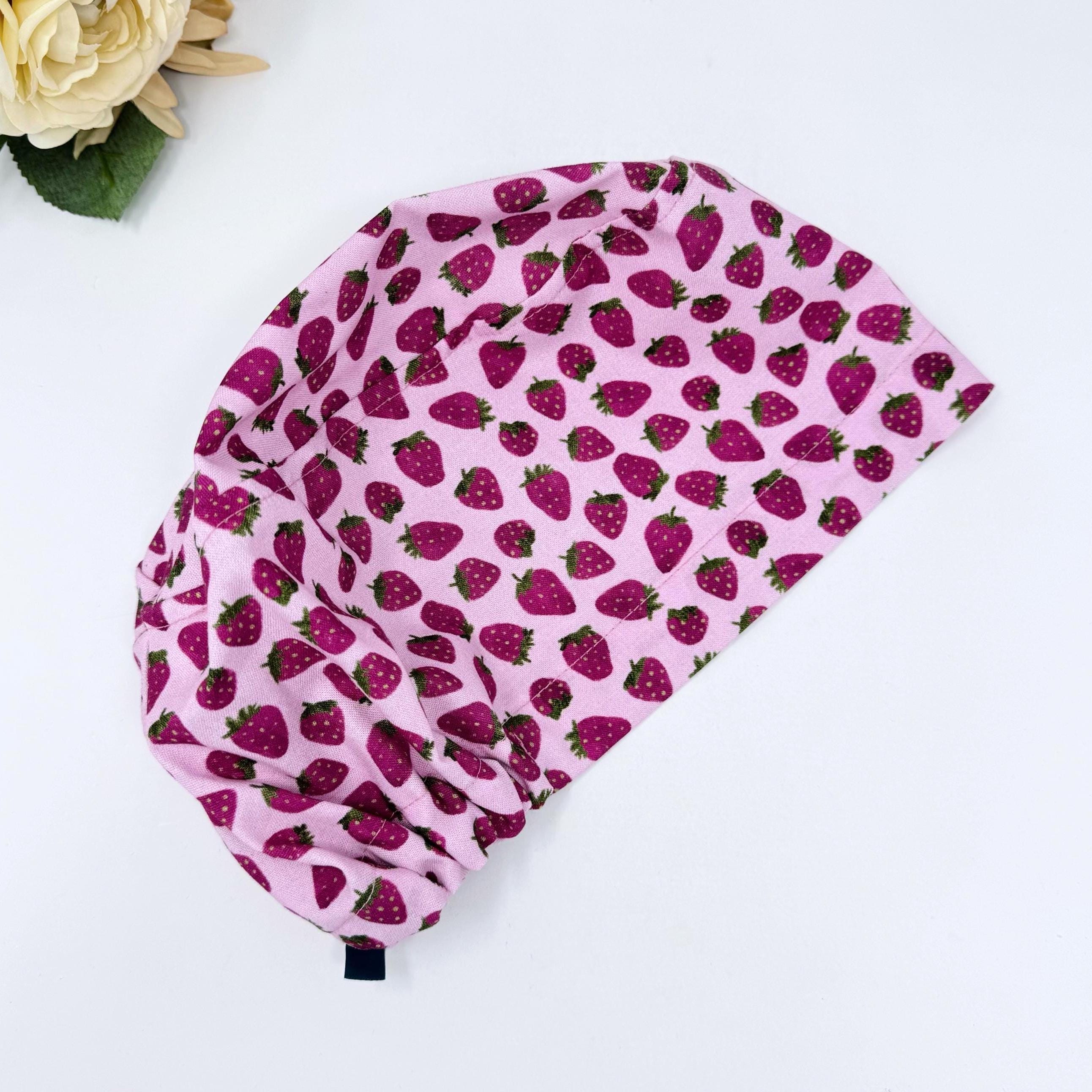 Strawberry Euro Scrub Cap for Women, European surgical hat with satin lined by Paradise Caps.