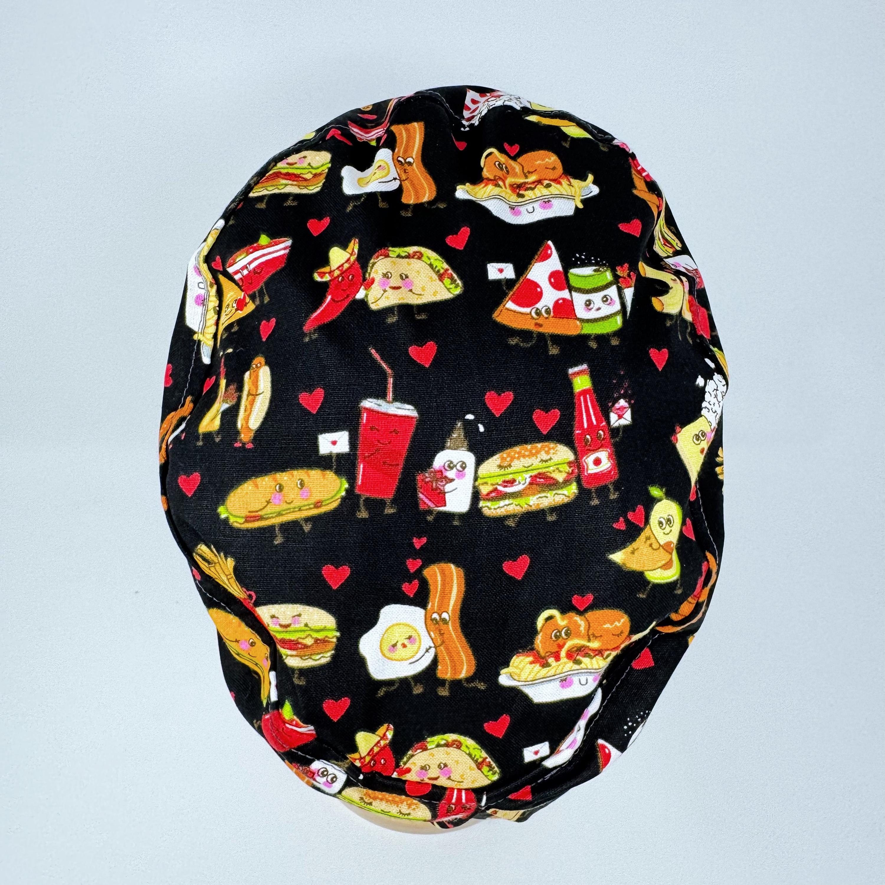 Funny Euro Scrub Cap for Women, Food with Love European surgical hat with satin lined by Paradise Caps.