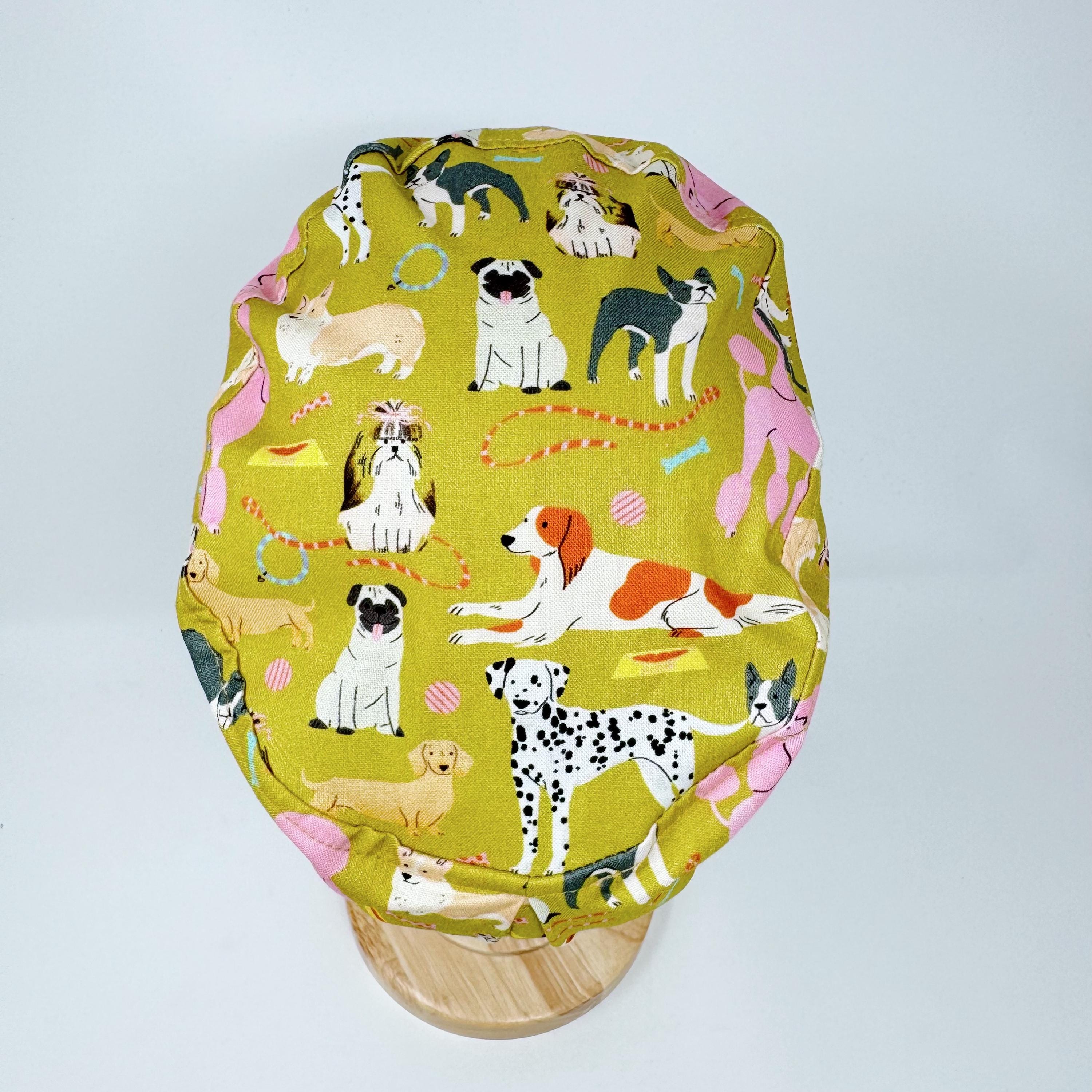 Dog Euro scrub cap for women, Funny surgical cap with satin lined by Paradise Caps.