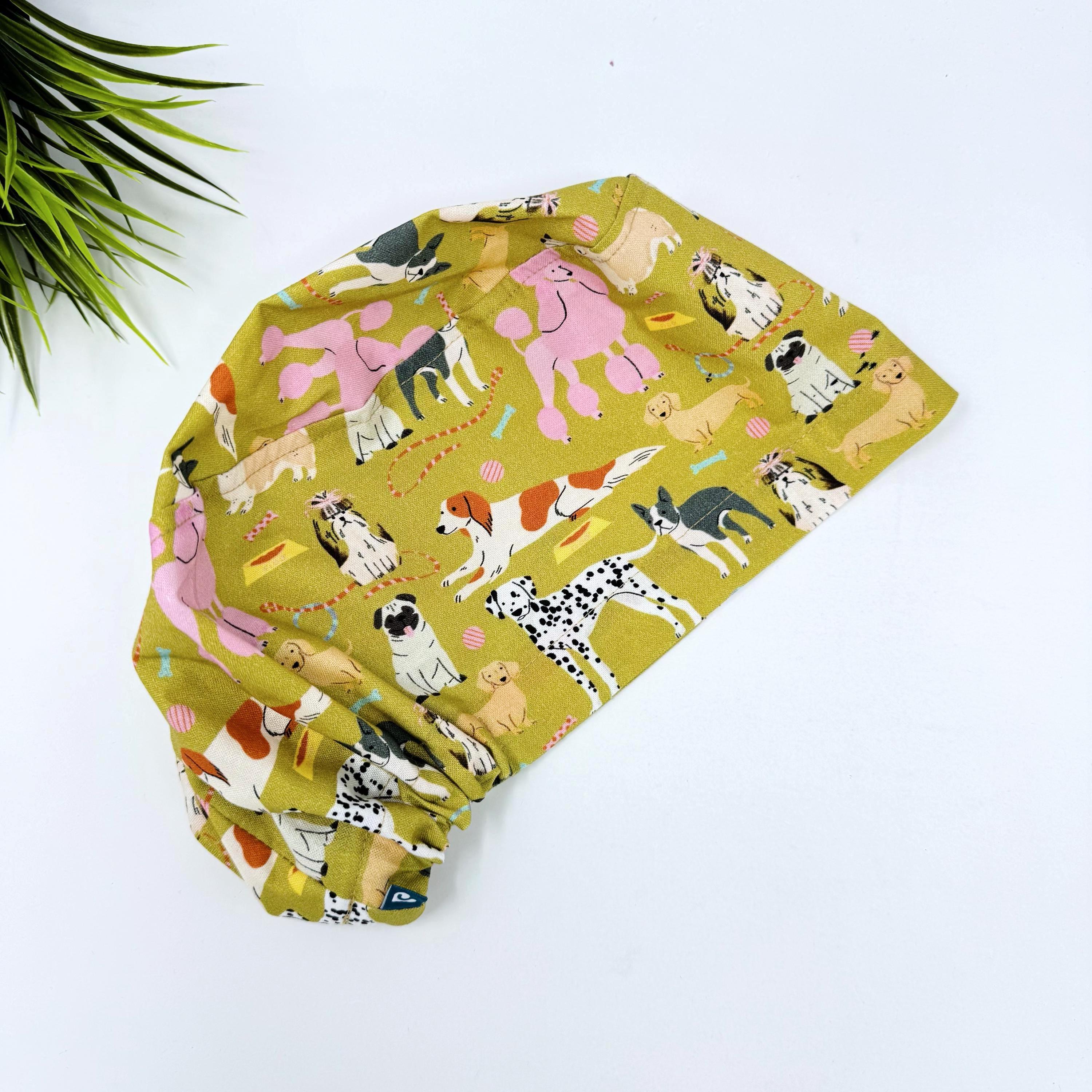 Dog Euro scrub cap for women, Funny surgical cap with satin lined by Paradise Caps.