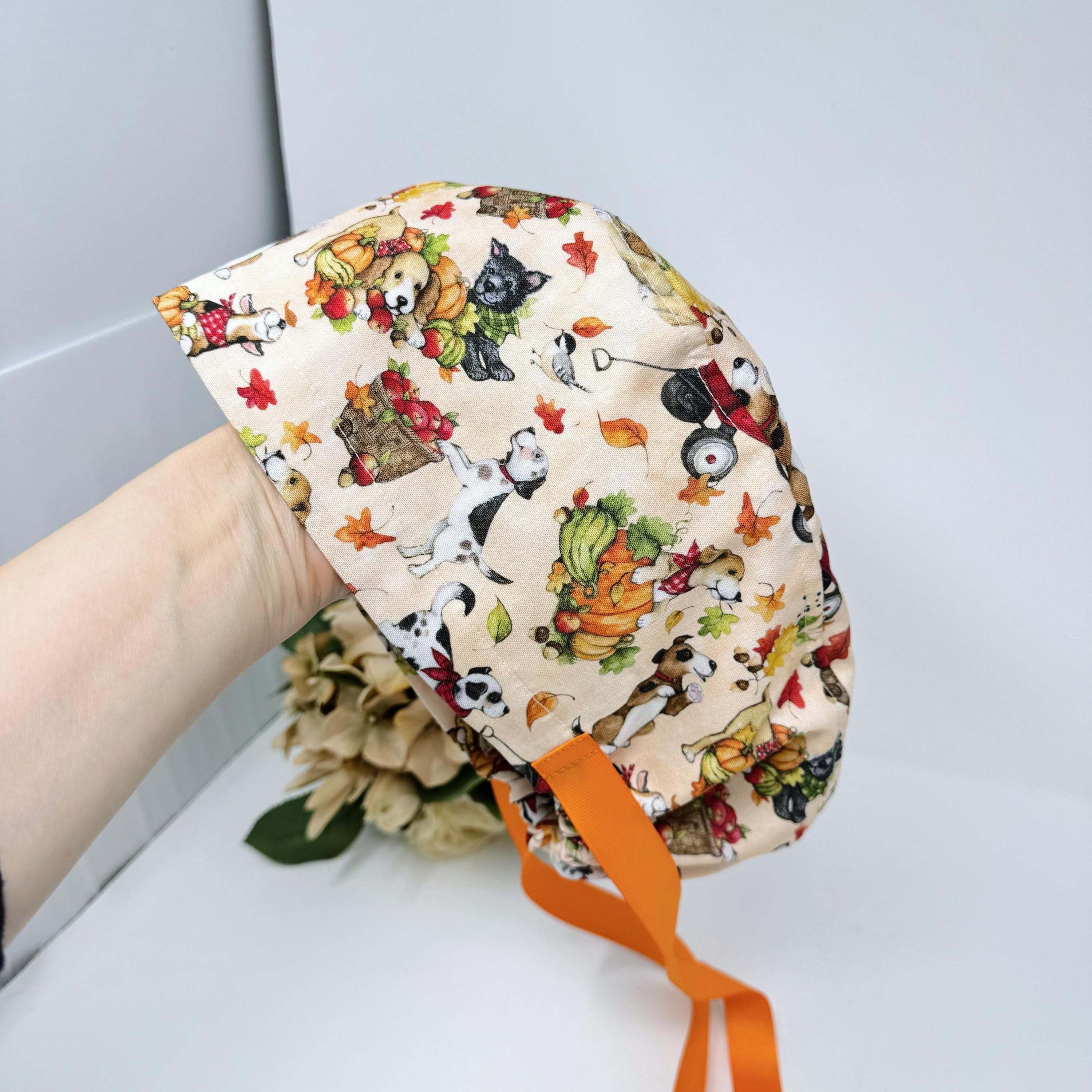 Pumpkin Euro scrub cap with ties for Women, Dog European Surgical cap with Satin Lined Option by Paradise Caps. Thanksgiving Euro PLUS style
